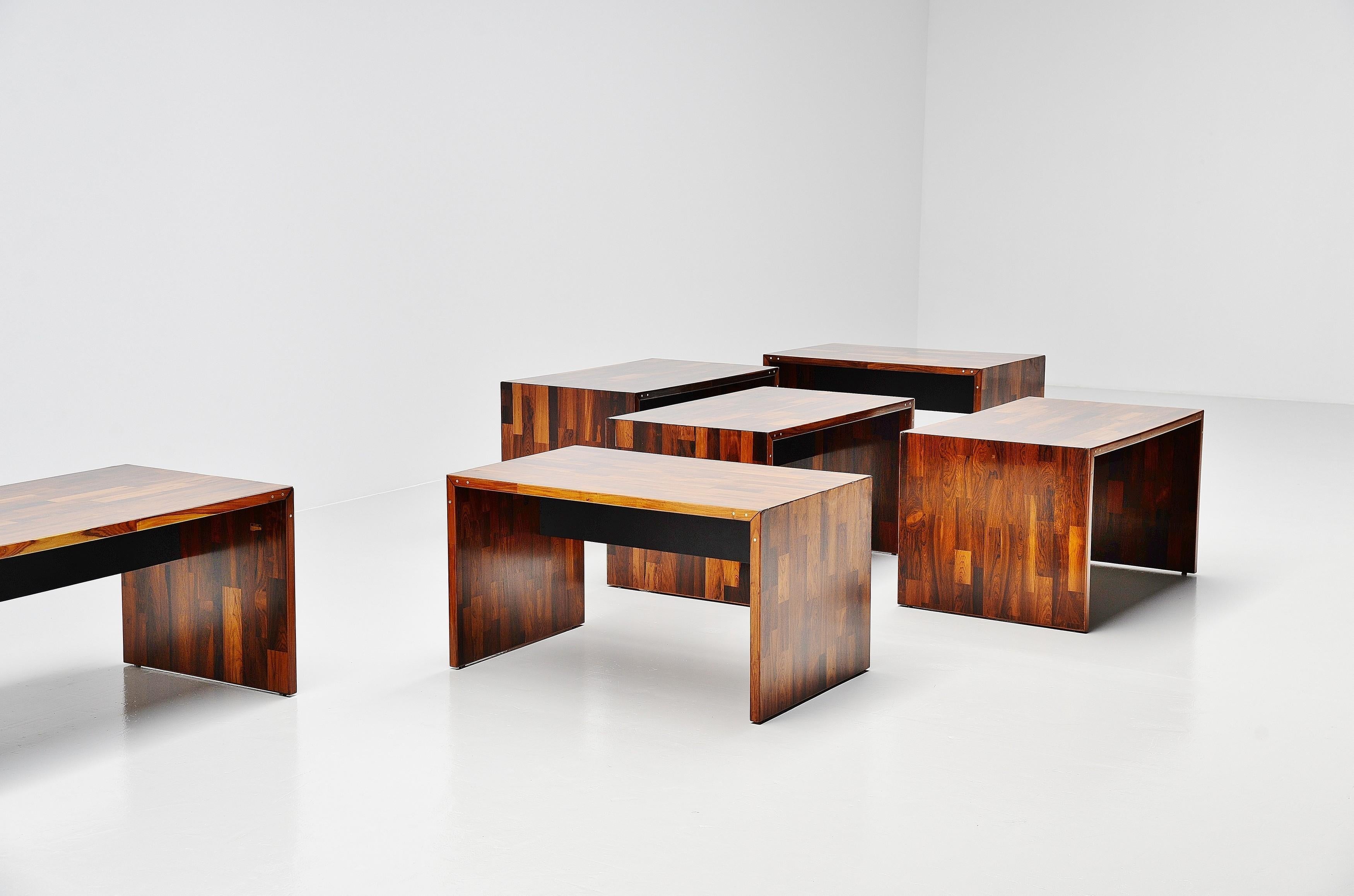 Fantastic large set of 6 folding desks designed by recently passed designer Jorge Zalszupin and manufactured in his own company L'Atelier, Brazil, 1959. These are folding desks are part of a series of desks that belonged to ESAF - School of Farm
