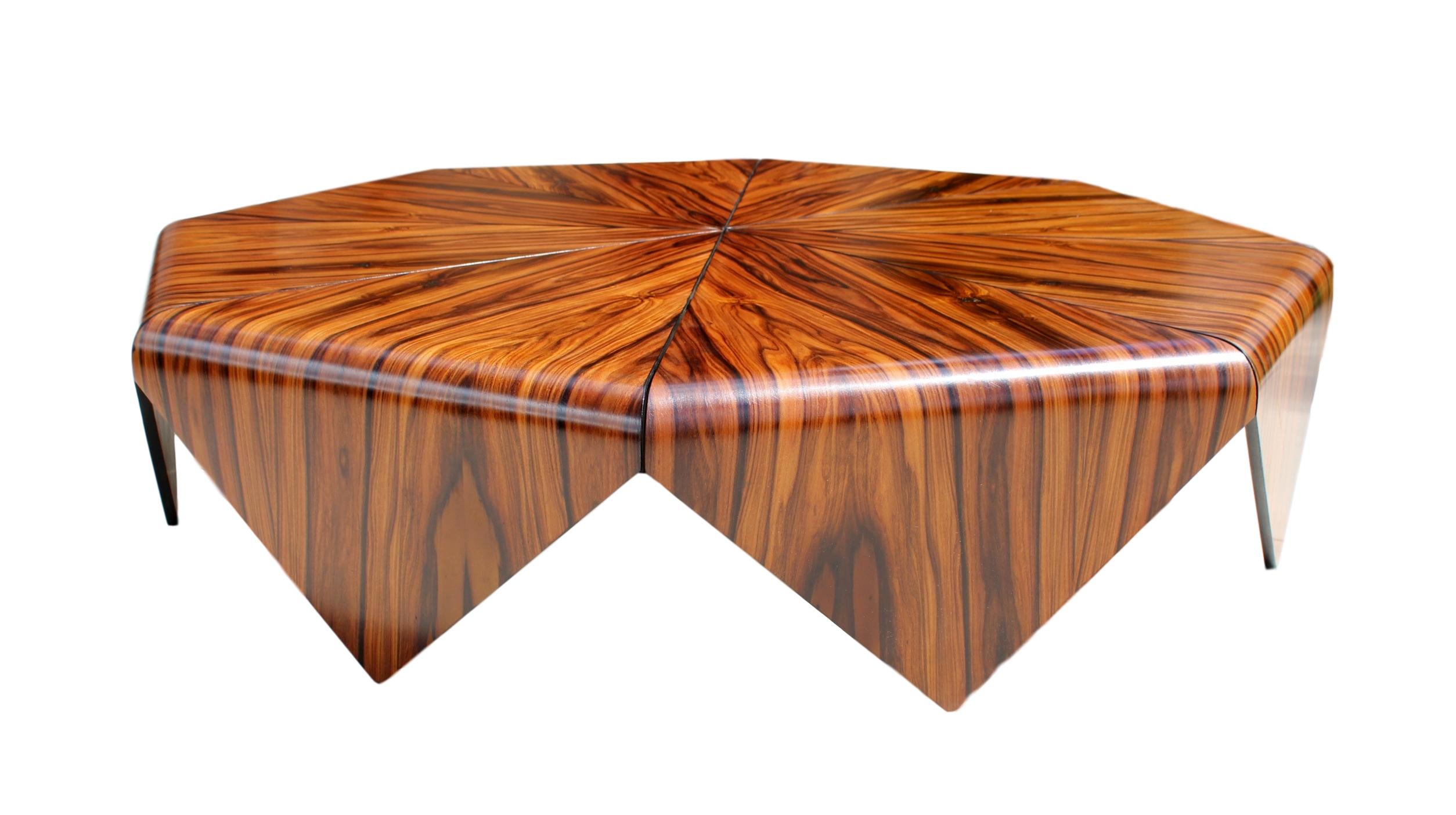 The 'Pétalas' coffee table is a design by Jorge Zalszupin, inspired by a folded paper structure of origami and is a masterpiece from Zalszupin! The rosewood coffee table consists of 8 diamond-shaped leaves, which are folded on an iron structure.