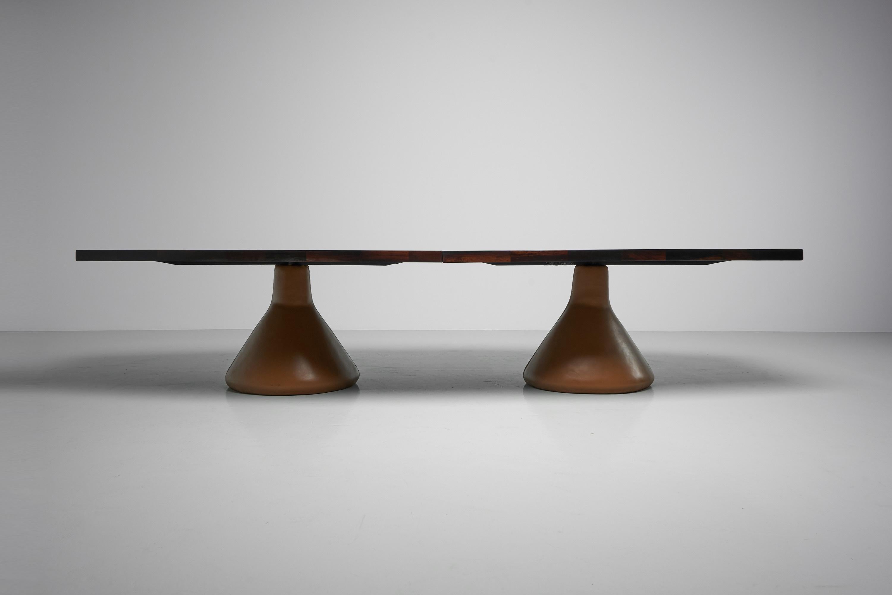 Monumental and impressive sized so called Guanabara pedestal dining or conference table designed by Jorge Zalszupin and manufactured by his own company l’Atelier, Brazil 1959. This stunning large dining table has a rosewood patchwork top supported