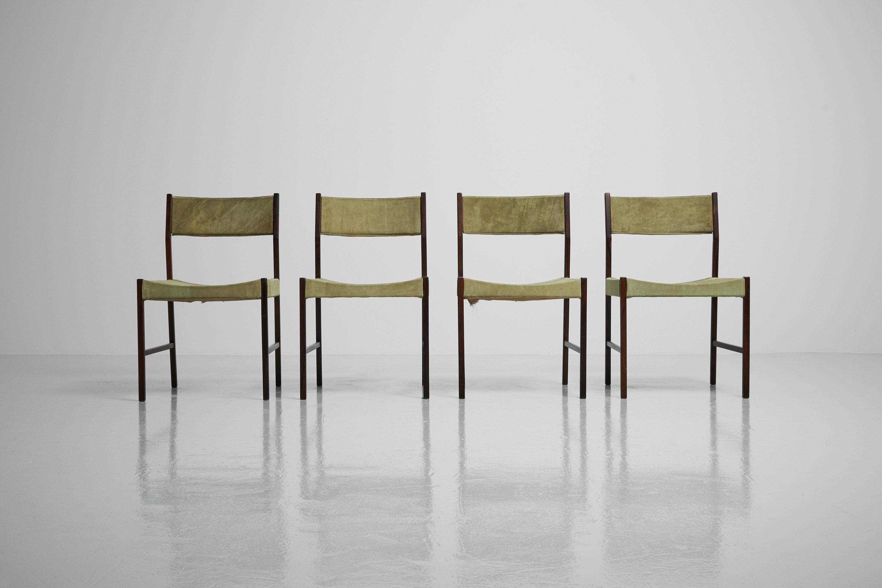 Minimalistic set of 4 Itmaraty chairs designed by Jorge Zalszupin and manufactured by his own company L’Atelier, Brazil 1960. Standing firmly and yet look very light, the Itamaraty is created with a frame that is built op from square shaped solid