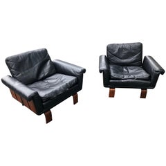 Jacaranda and Leather Lounge Chairs, Pair, Brazil, circa 1960 Jacaranda and Leather Lounge Chairs, Pair, Brazil, circa 1960