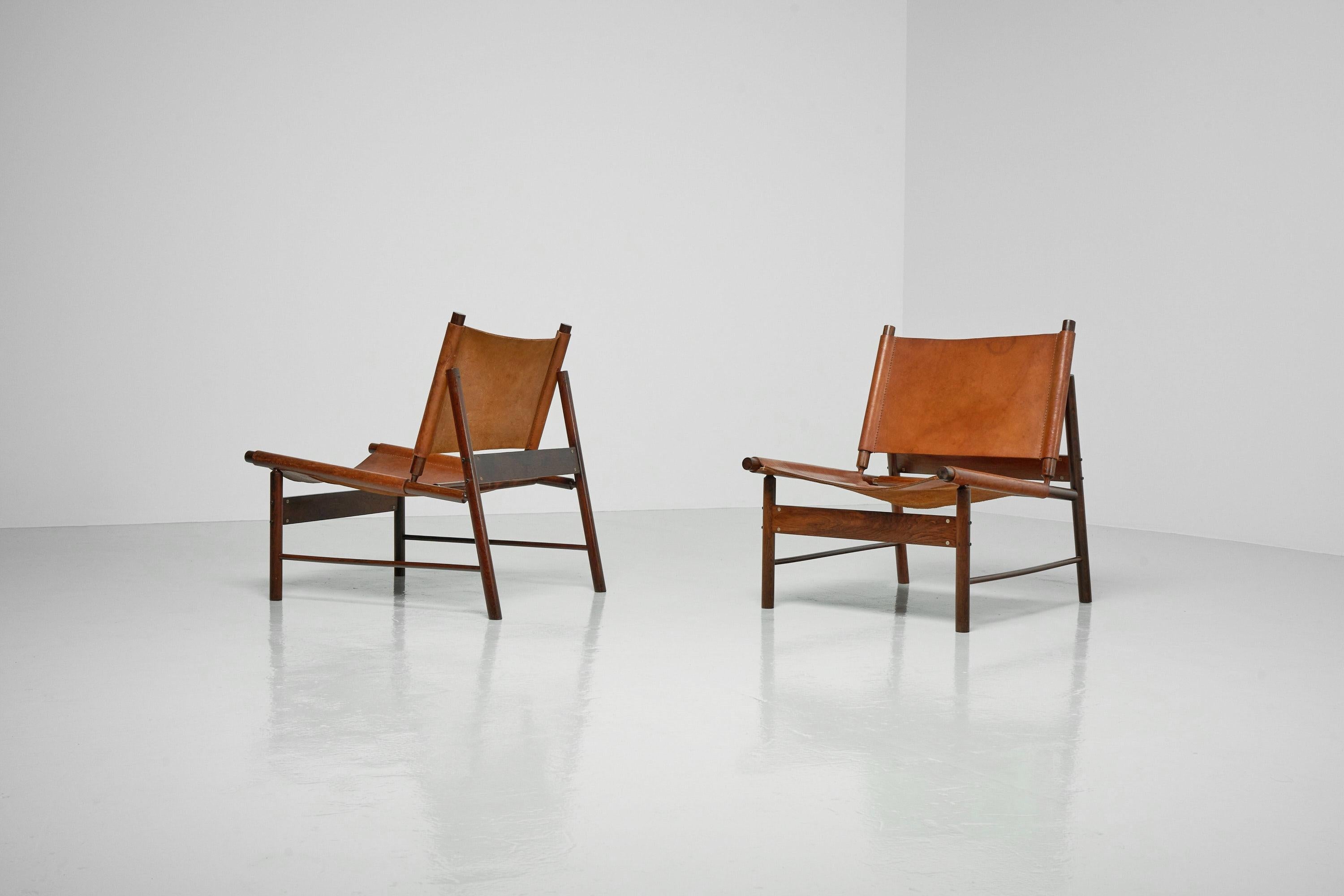 Rare pair of so-called Jockey chairs designed by Jorge Zalszupin and manufactured by his own company L’Atelier, Brazil 1959. The Jockey chair is one of L’Ateliers’ early models and is designed with mass production and efficient use of materials in