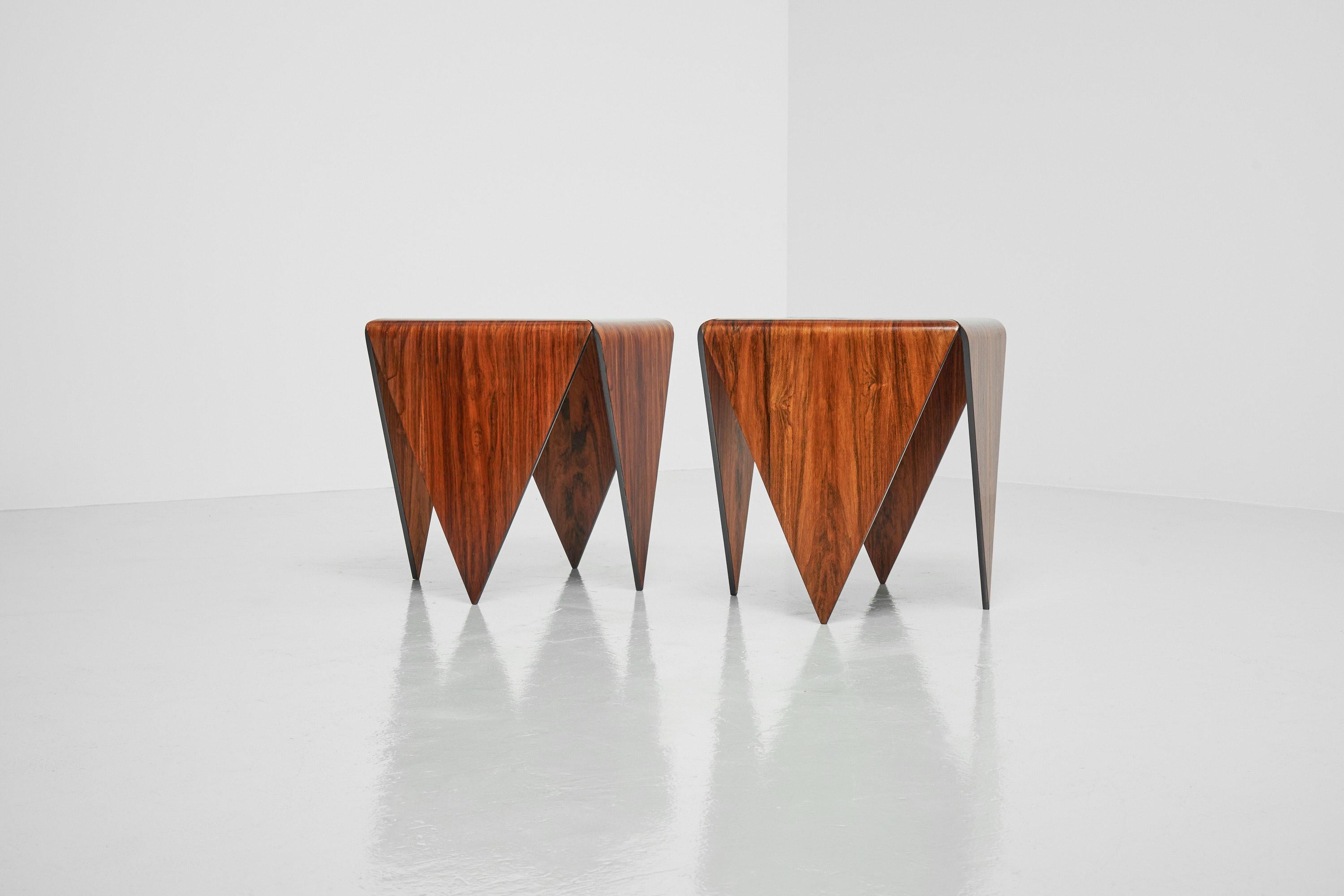 Stunning and rare pair of so-called 'Petalas' side tables designed by Jorge Zalszupin and manufactured in his own company L’Atelier, Brazil 1959. The Pétalas series was created in order to make the best possible use of the wood used during