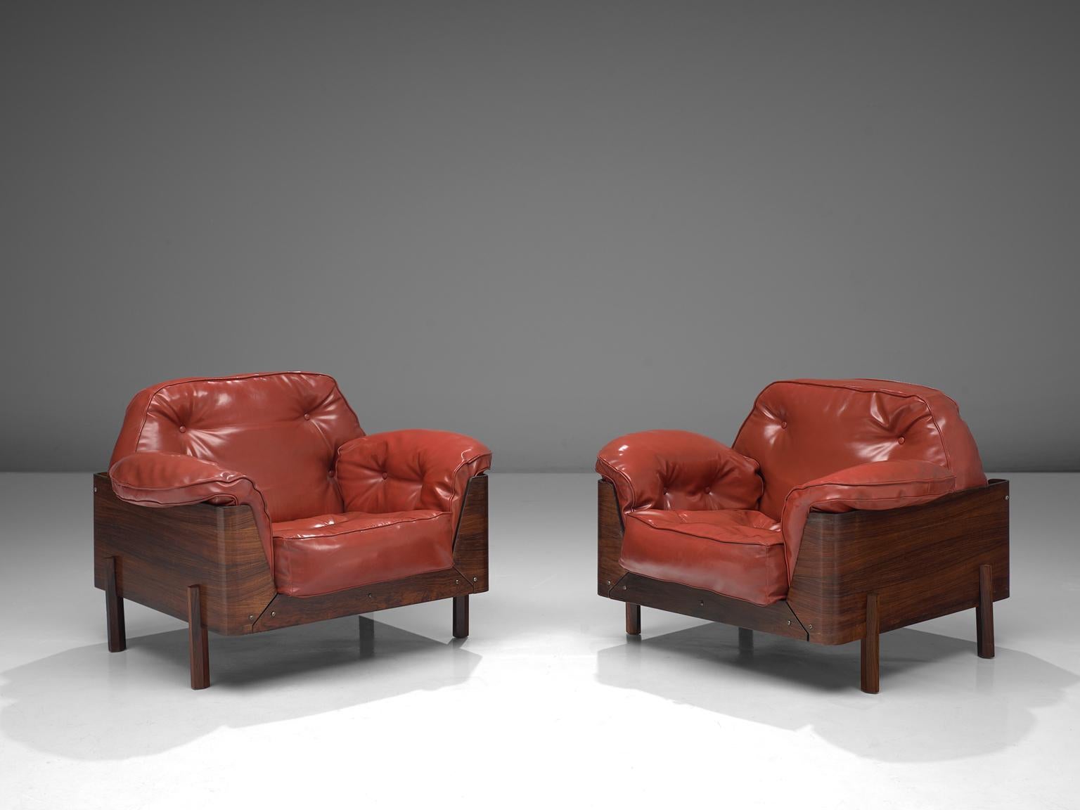 Brazilian Lineart Moveis e Decoraco Rare Pair of Armchairs in Rosewood and Red Leatherette