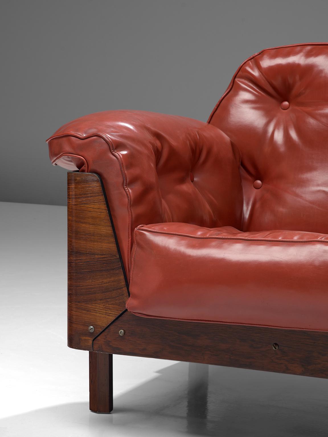 Mid-20th Century Lineart Moveis e Decoraco Rare Pair of Armchairs in Rosewood and Red Leatherette