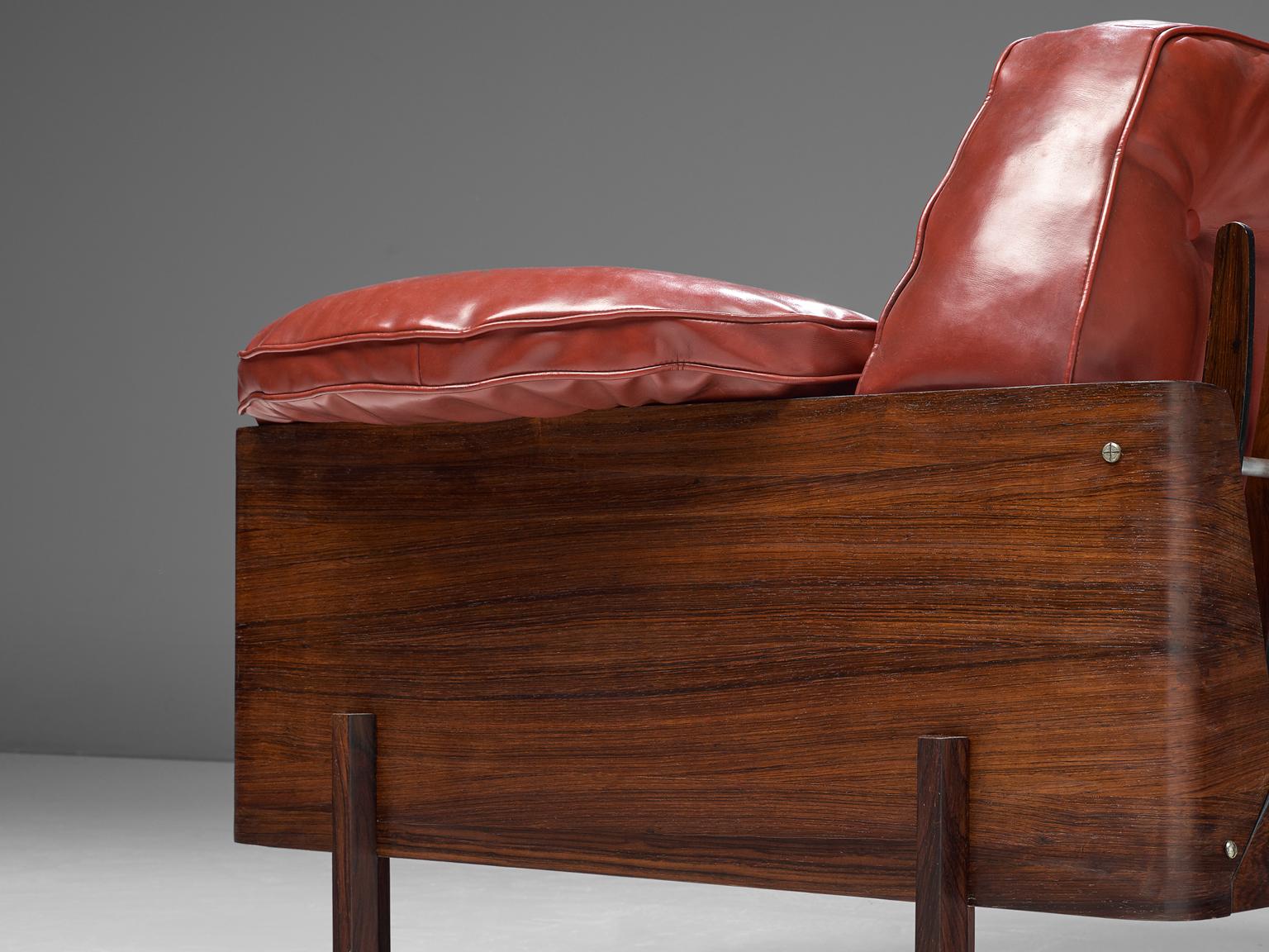 Faux Leather Lineart Moveis e Decoraco Rare Pair of Armchairs in Rosewood and Red Leatherette