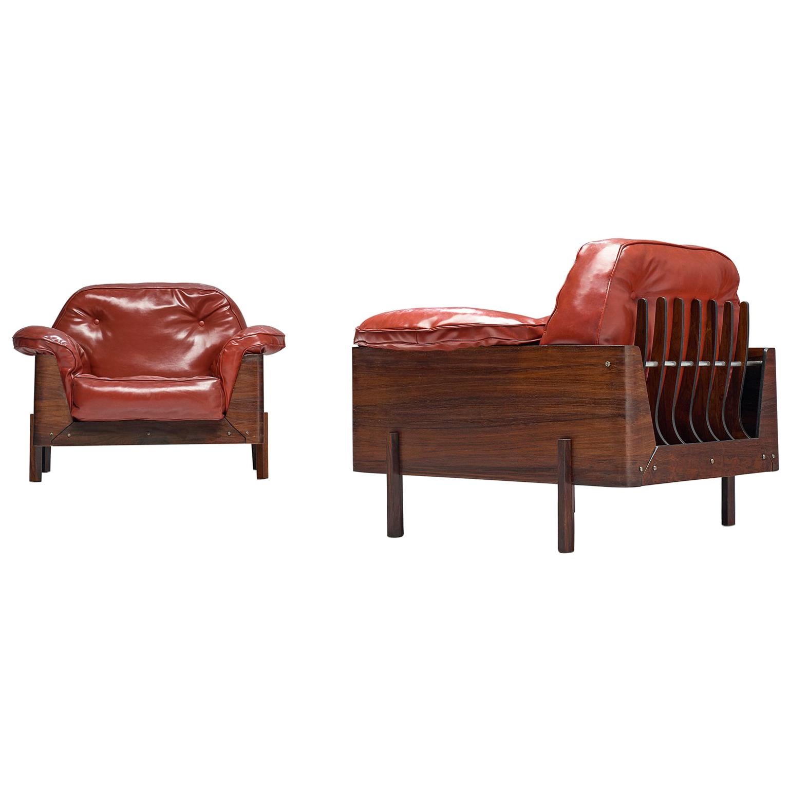 Lineart Moveis e Decoraco Rare Pair of Armchairs in Rosewood and Red Leatherette