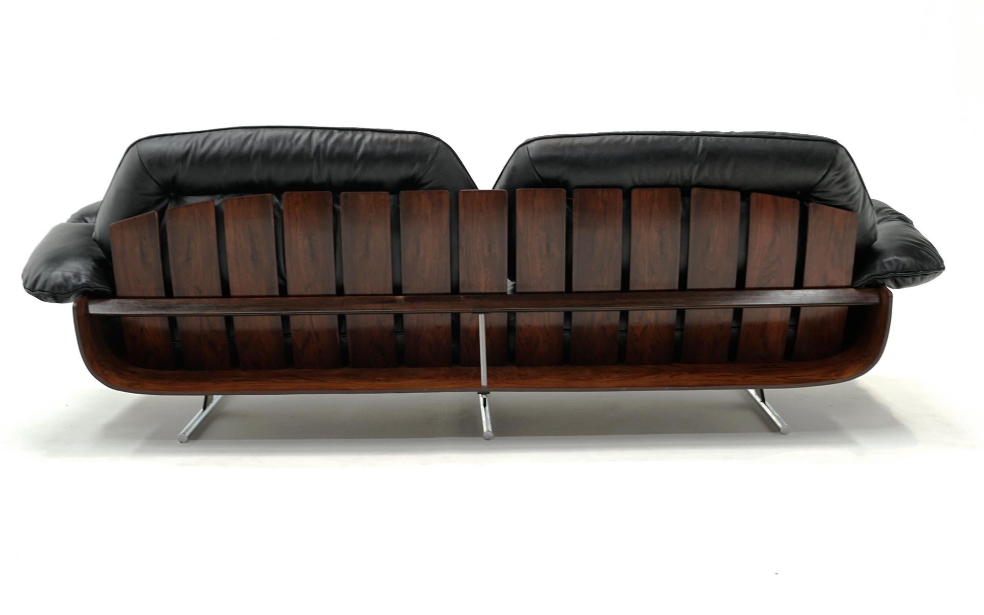 Steel Jorge Zalszupin Sofa in Black Leather and Brazilian Rosewood. Great Condition. For Sale