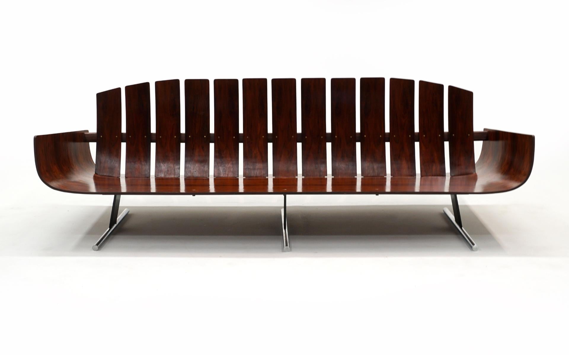 Jorge Zalszupin Sofa in Black Leather and Brazilian Rosewood. Great Condition. For Sale 1