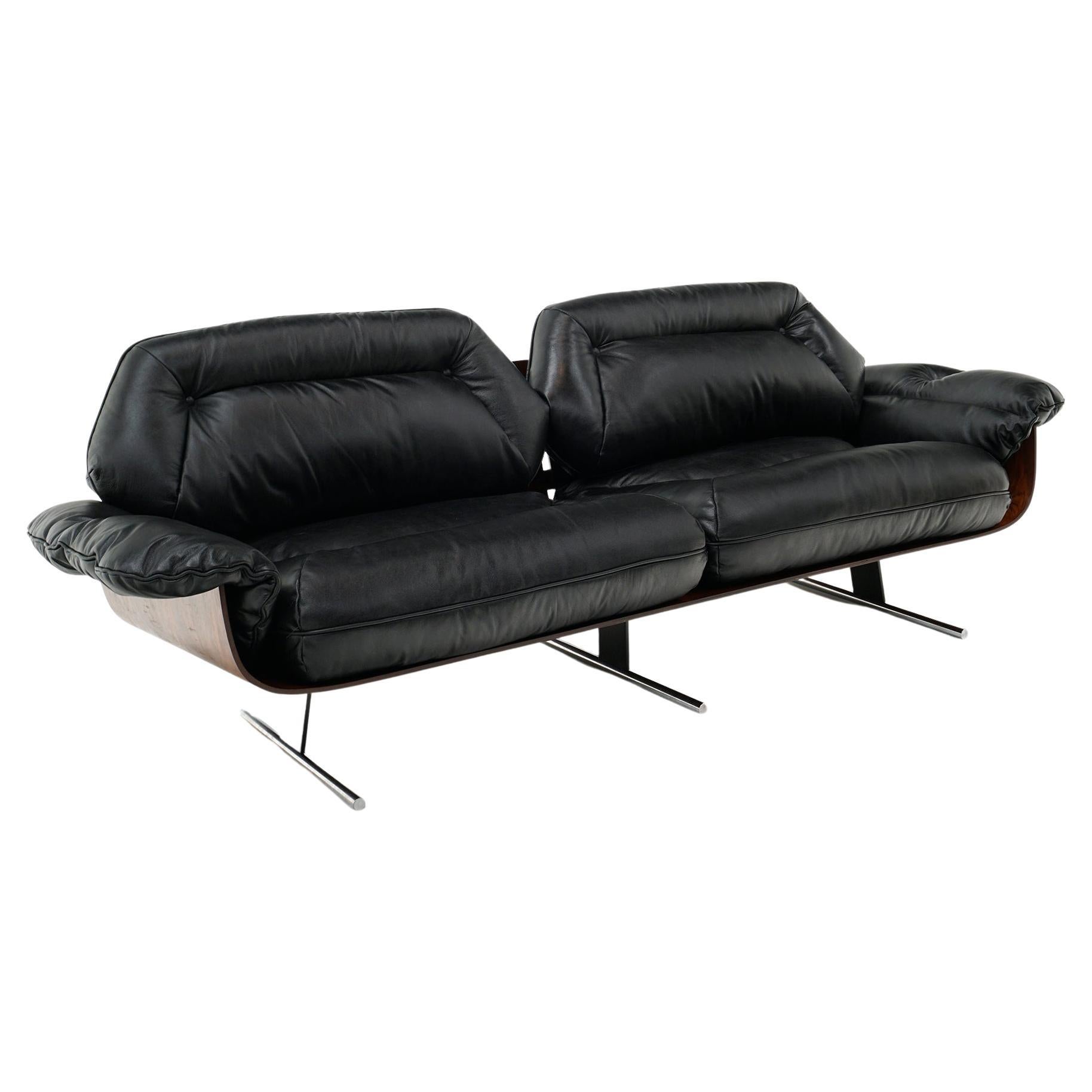 Jorge Zalszupin Sofa in Black Leather and Brazilian Rosewood. Great Condition.