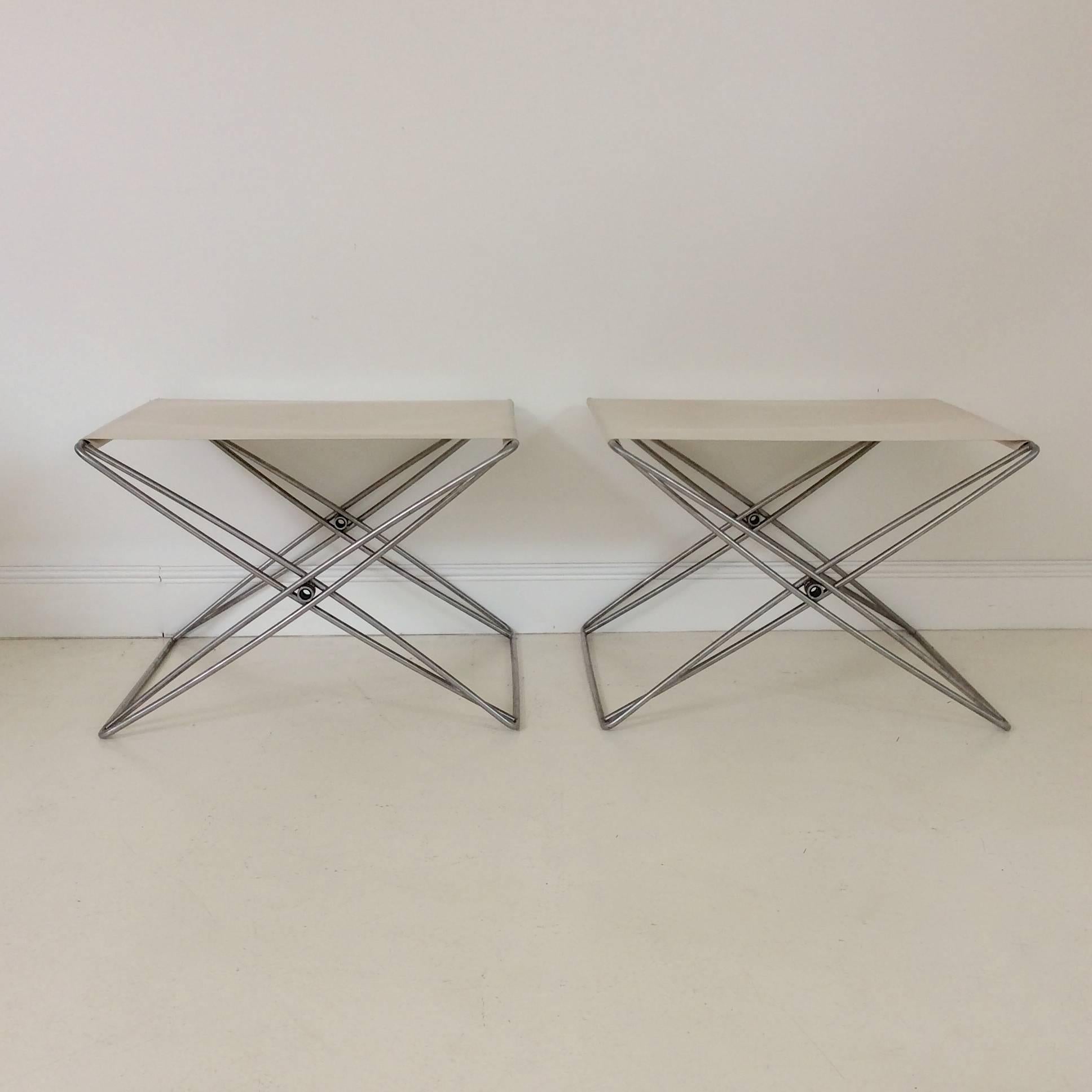 Jorgen Gammelgaard pair of folding stools,, circa 1970, Denmark.
Nickeled steel and nylon, edited by Dansk Forum.
Dimensions: 41 cm H, 57 cm W, 47 cm D.
Good original condition.
 