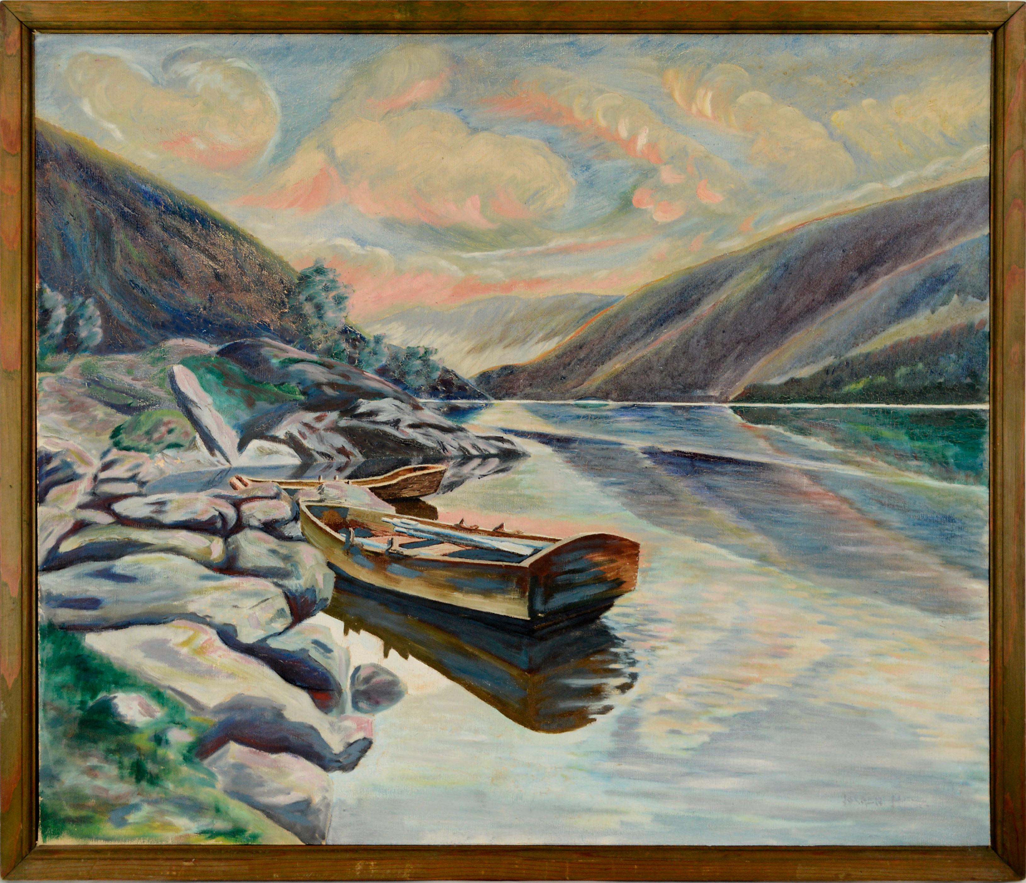 Boot und Fjord Skandinavien von Jorgen Hansen Dänemark
Dramatischer Himmel und ein Boot entlang eines Fjords von Jorgen Hansen (1862 - 1937) war in Dänemark tätig. 
Die Leinwand wird auf einen Keilrahmen aus Sperrholz gespannt und darauf