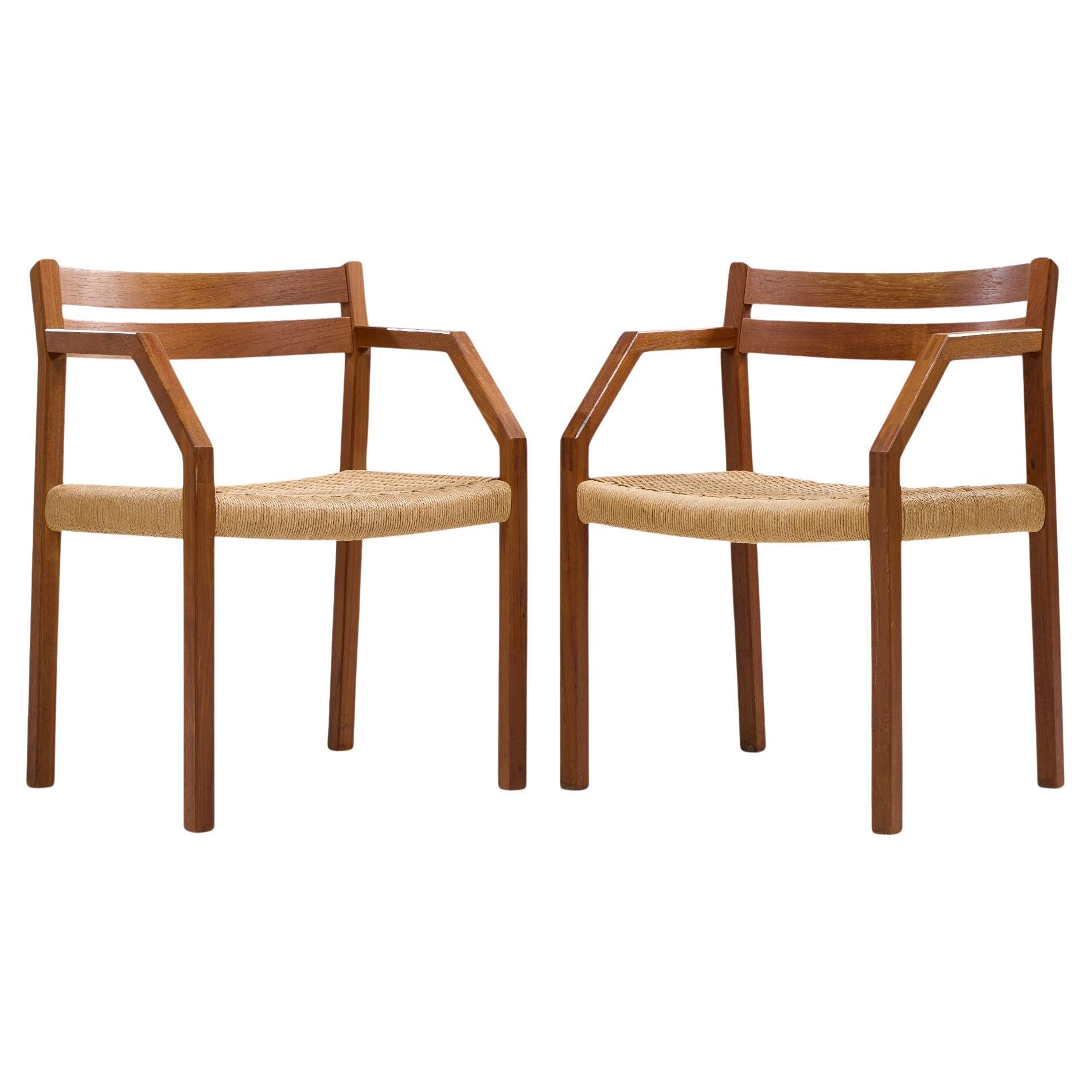 Jorgen Henrik Moller for JL Moller Danish Teak, Paper Cord Dining Chairs - Pair For Sale