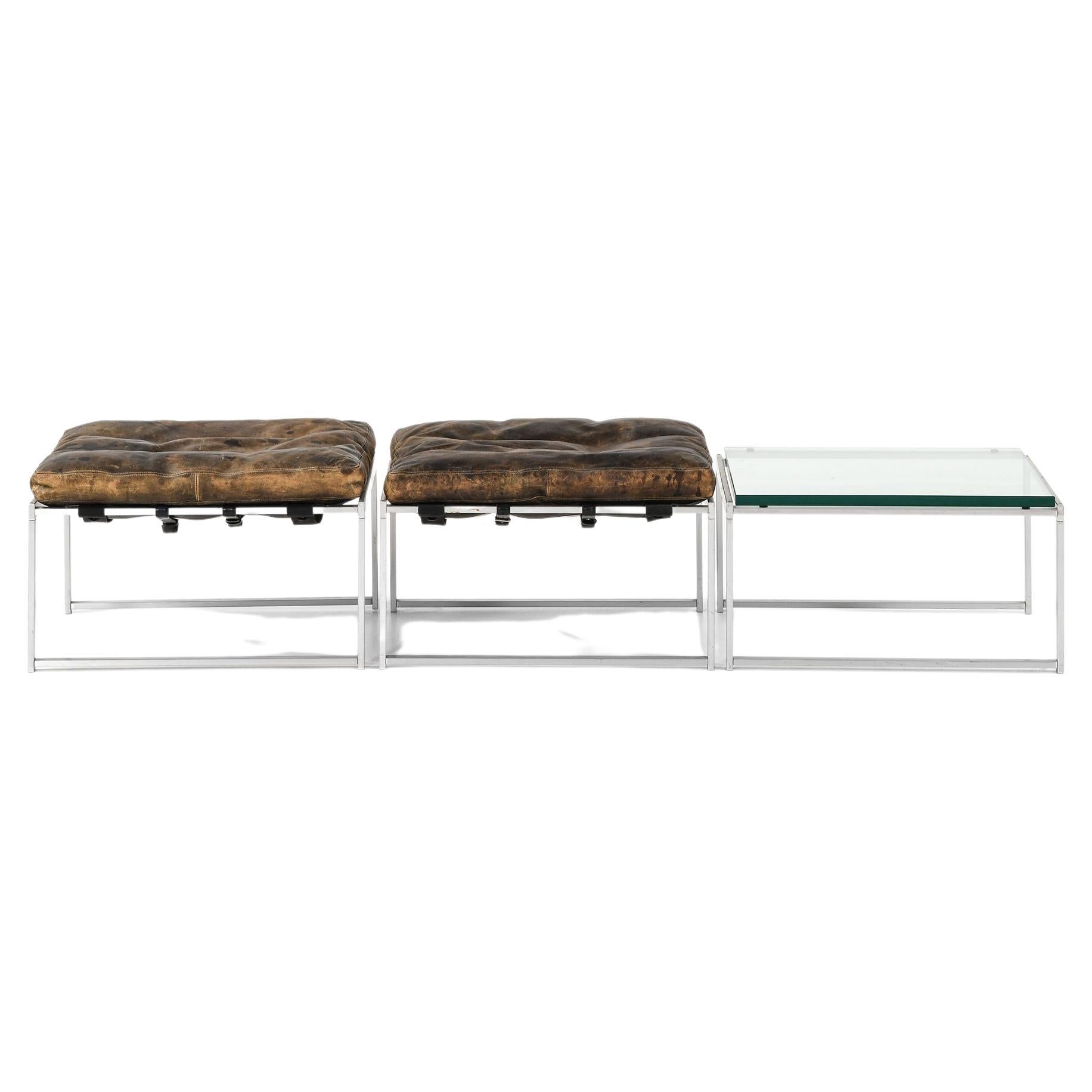 Jörgen Høj Set of 2 Stools & Side Table in Aluminium, Glass and Leather, 1960s For Sale