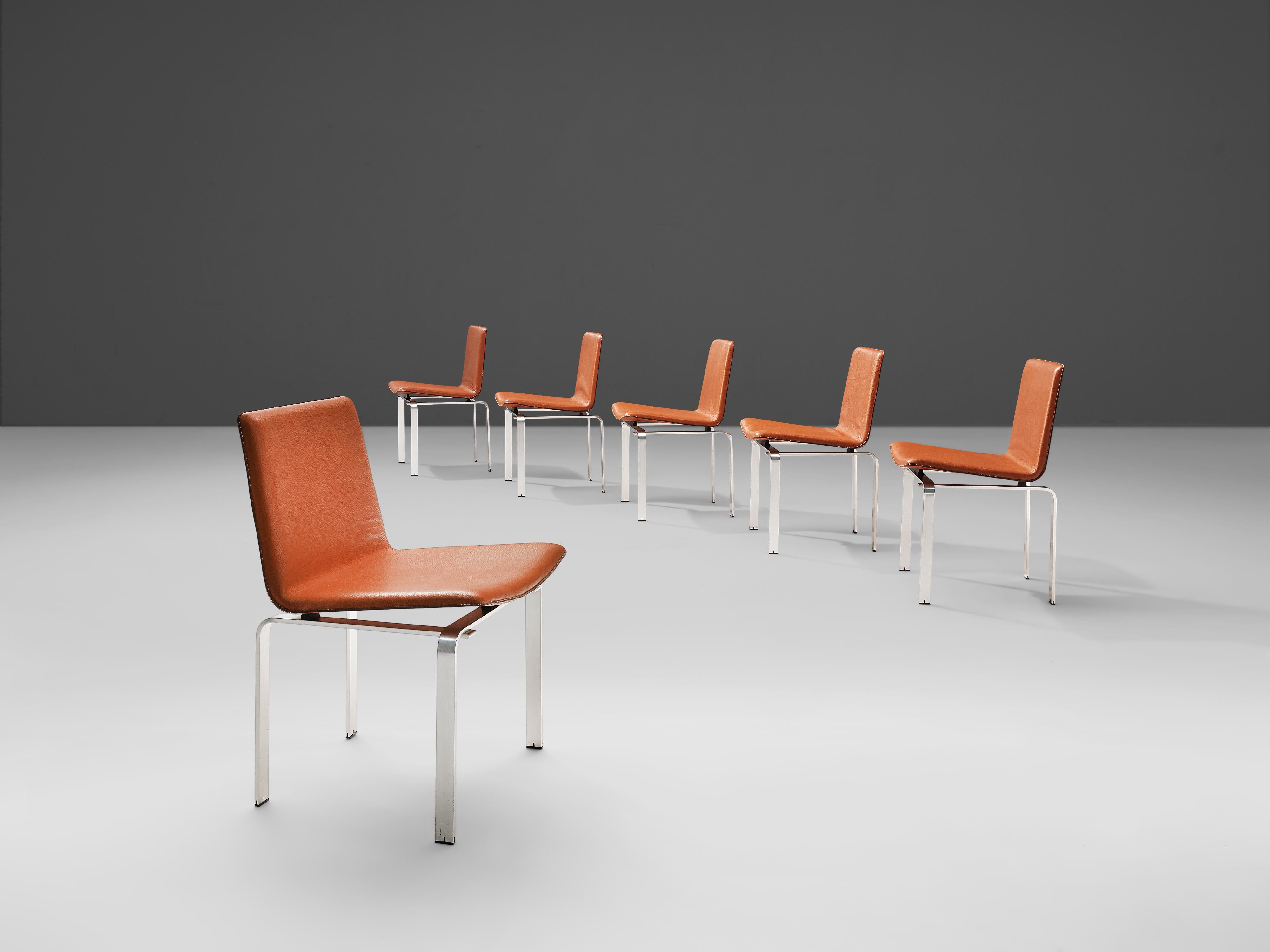 Jørgen Høj for Niels Vitsoe, set of six dining chairs, leather, brushed aluminum, Denmark, 1960s

Minimalist dining chairs by Jørgen Høj for Niels Vitsoe. Clearly influenced by his teacher, Poul Kjaerholm, Høj used high quality supple leather and