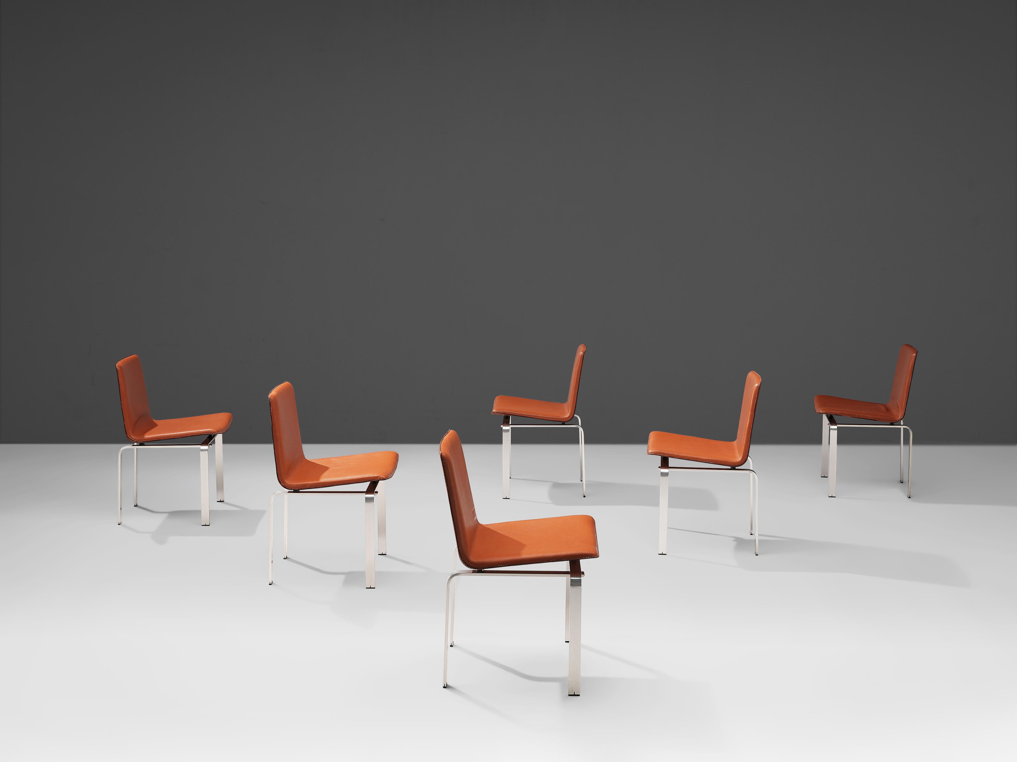 Danish Jorgen Høj Set of Six Dining Chairs in Cognac Leather and Brushed Aluminum For Sale