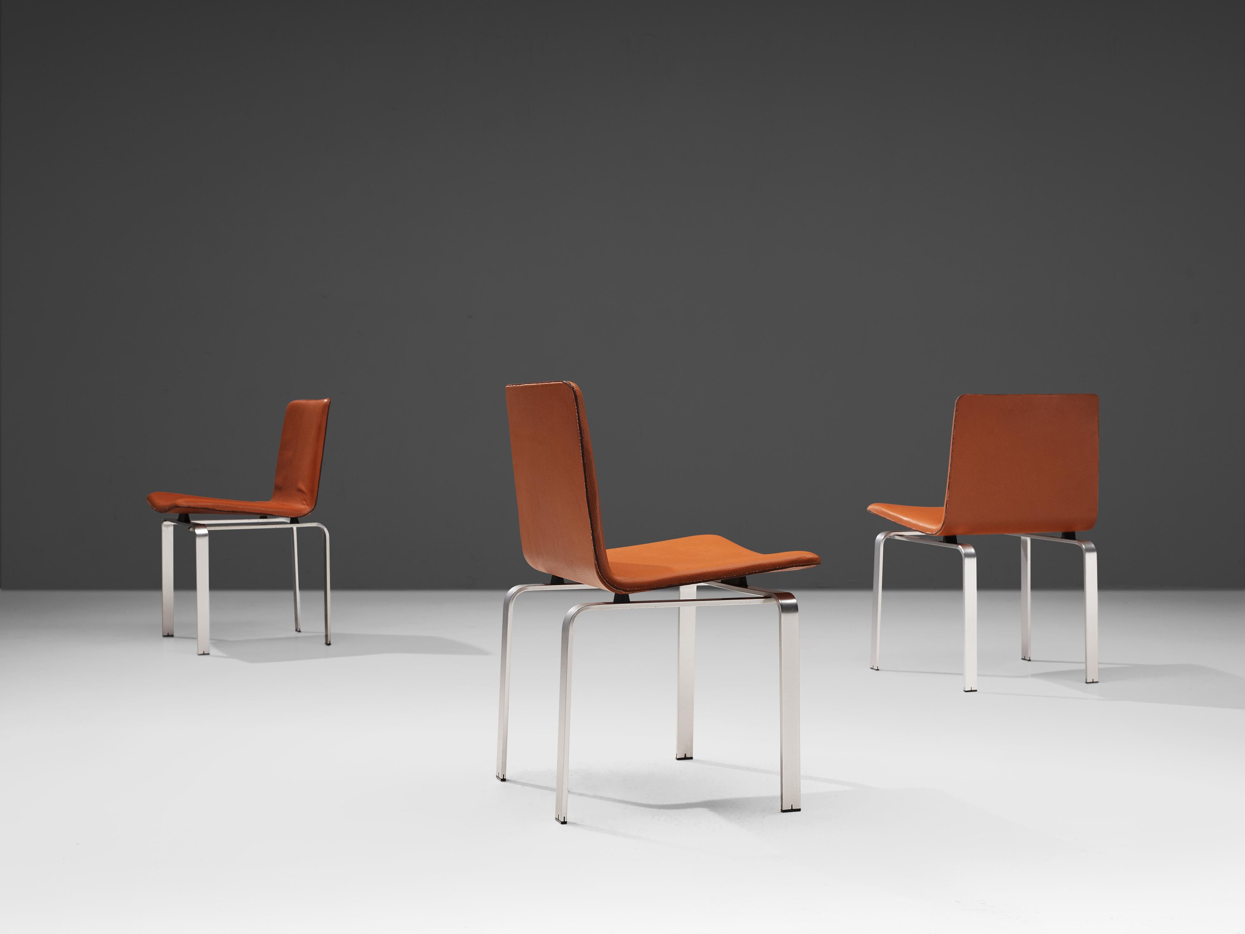 Jorgen Høj Set of Six Dining Chairs in Cognac Leather and Brushed Aluminum For Sale 2