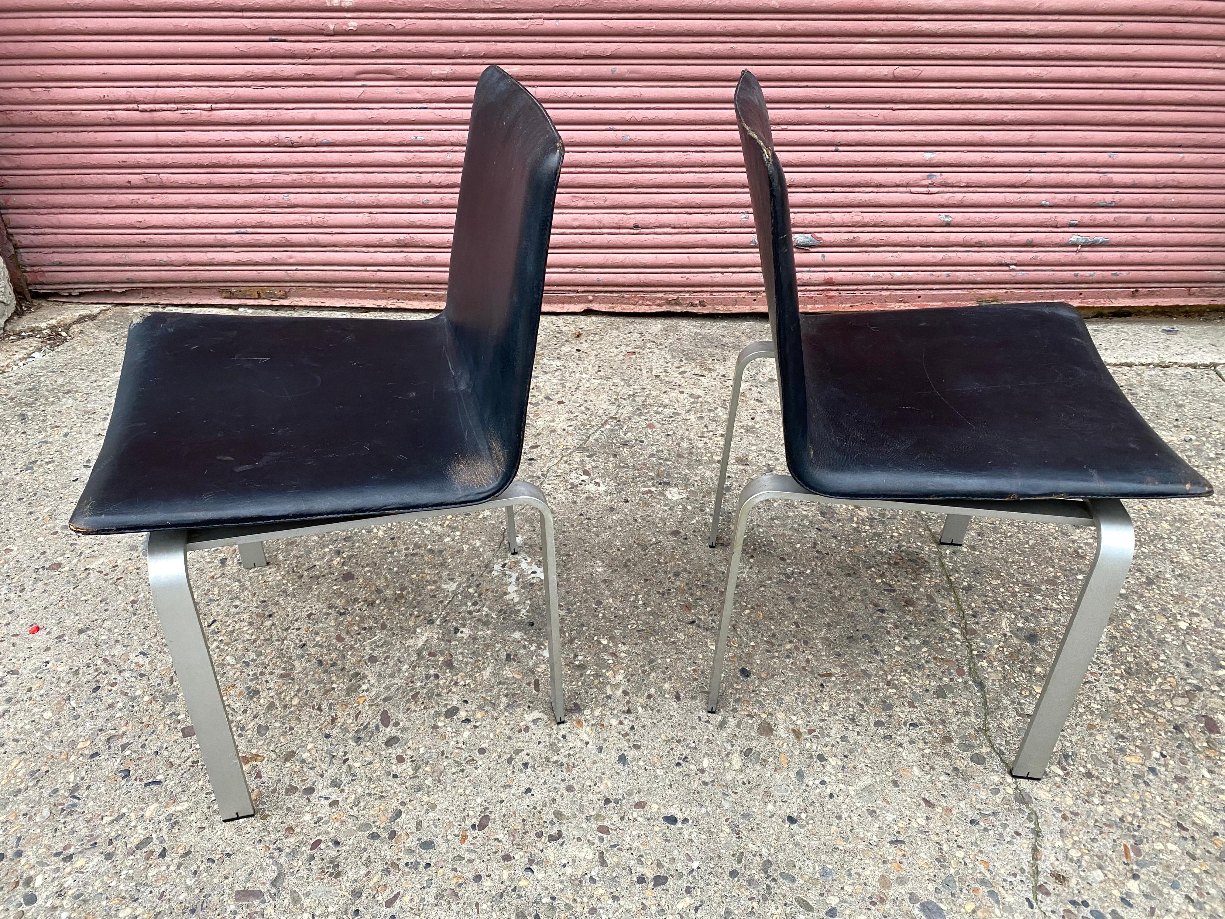 Scandinavian Modern Jorgen Hoj for Johannes Hansen Aluminum and Leather Chairs 1962 For Sale