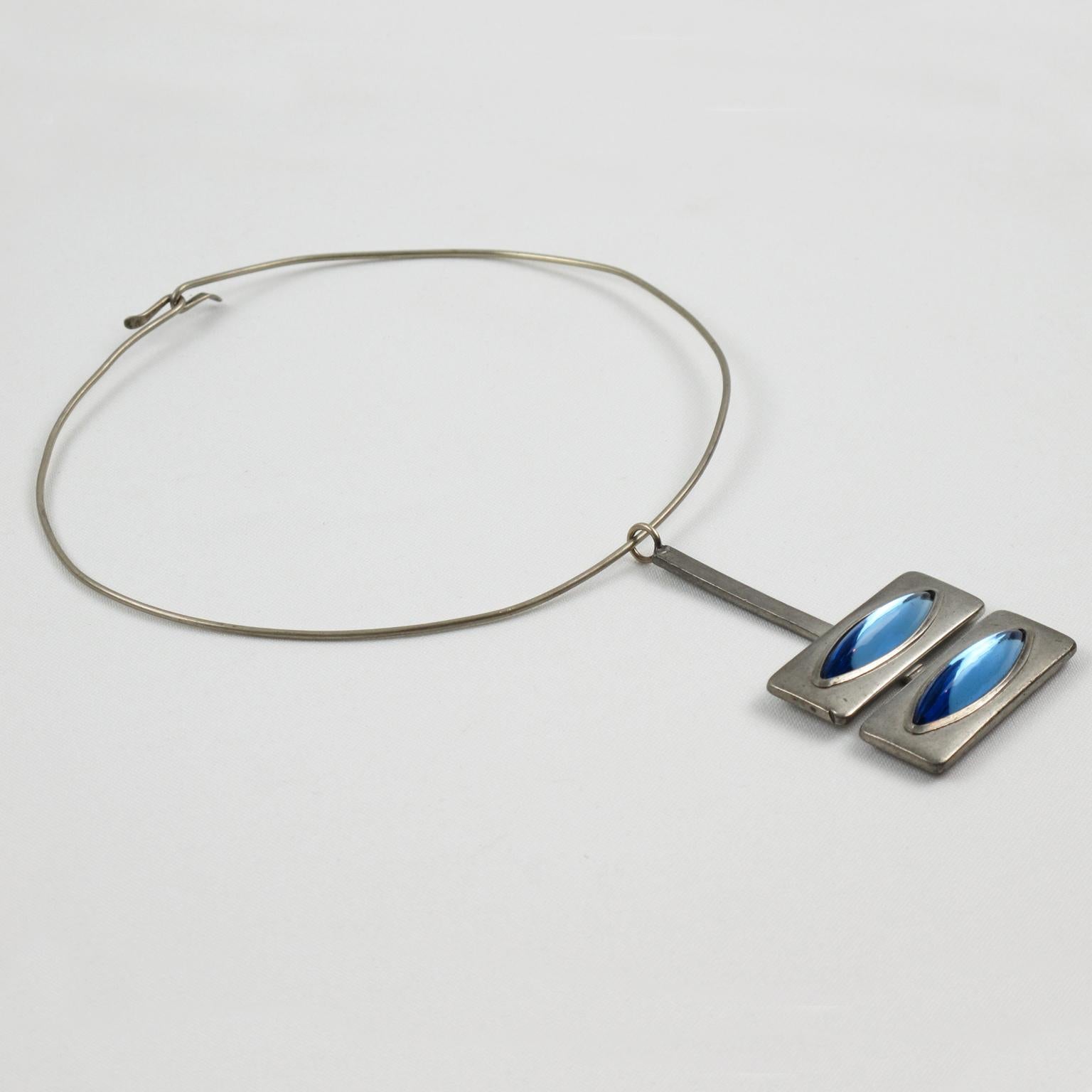 Jorgen Jensen Space Age Pewter Collar Necklace with Blue Glass Cabochon In Good Condition For Sale In Atlanta, GA