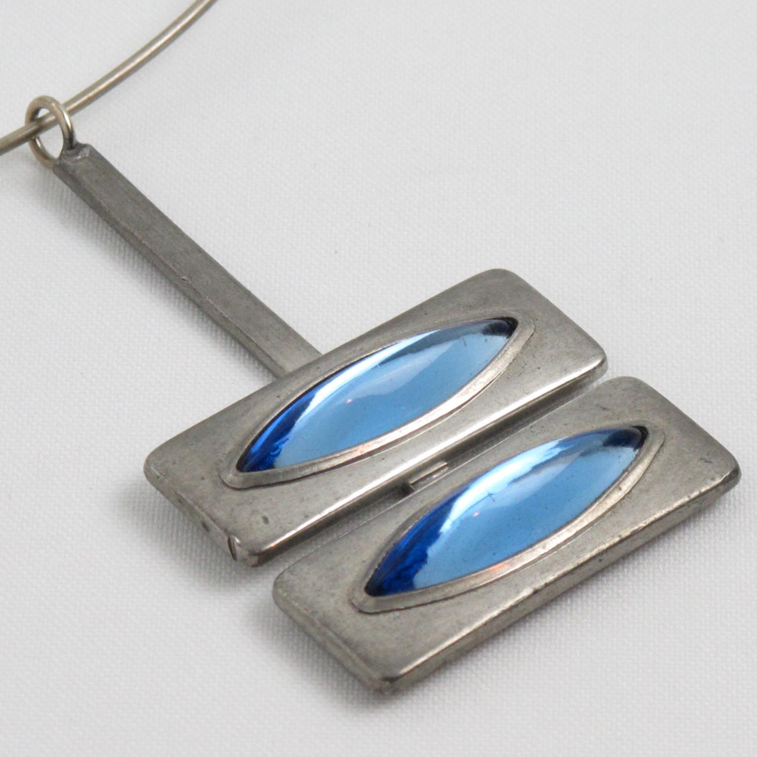 Women's Jorgen Jensen Space Age Pewter Collar Necklace with Blue Glass Cabochon For Sale