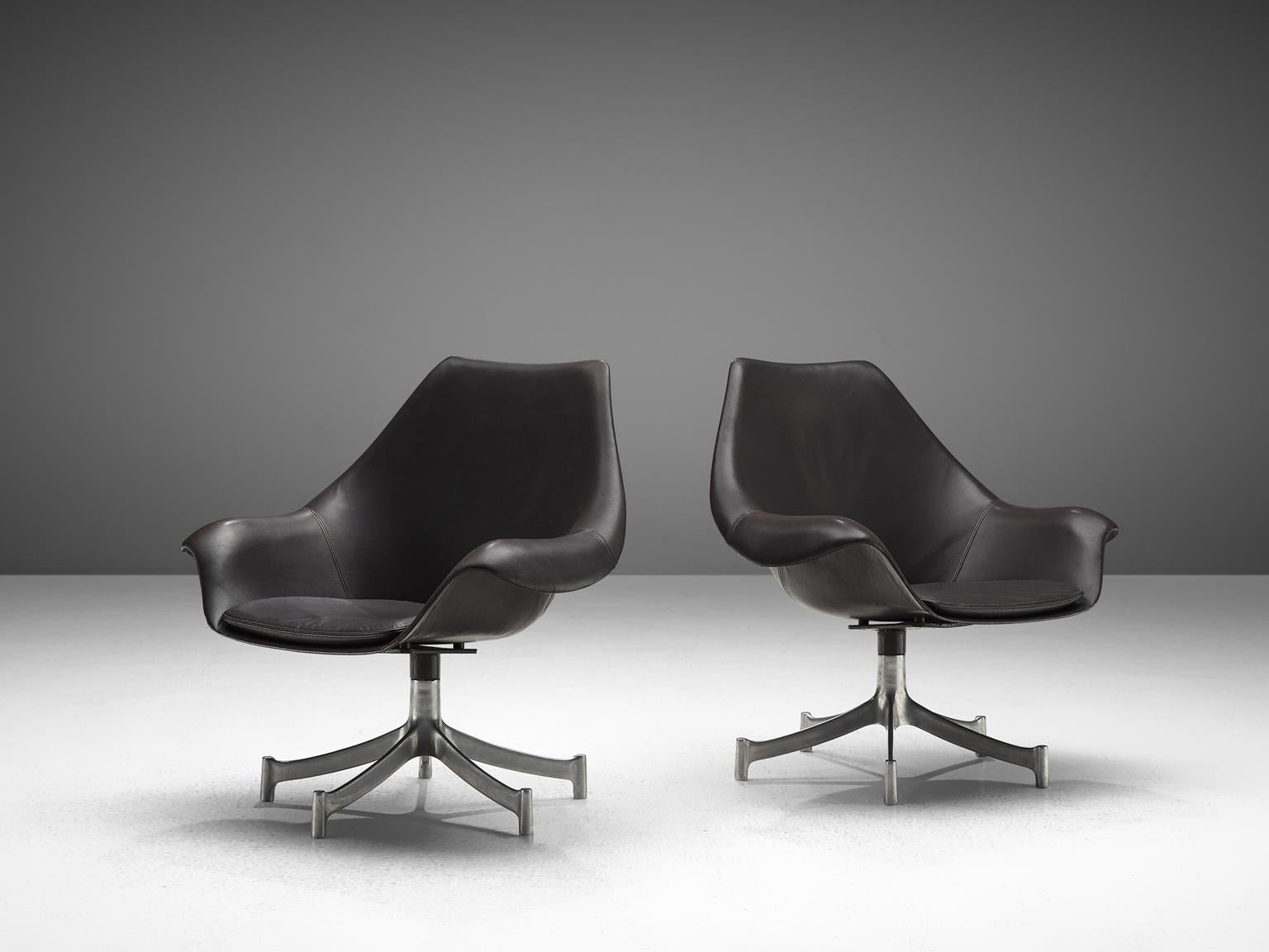 Mid-Century Modern Jorgen Lund & Ole Larsen, Leather Swivel Bucket Chairs