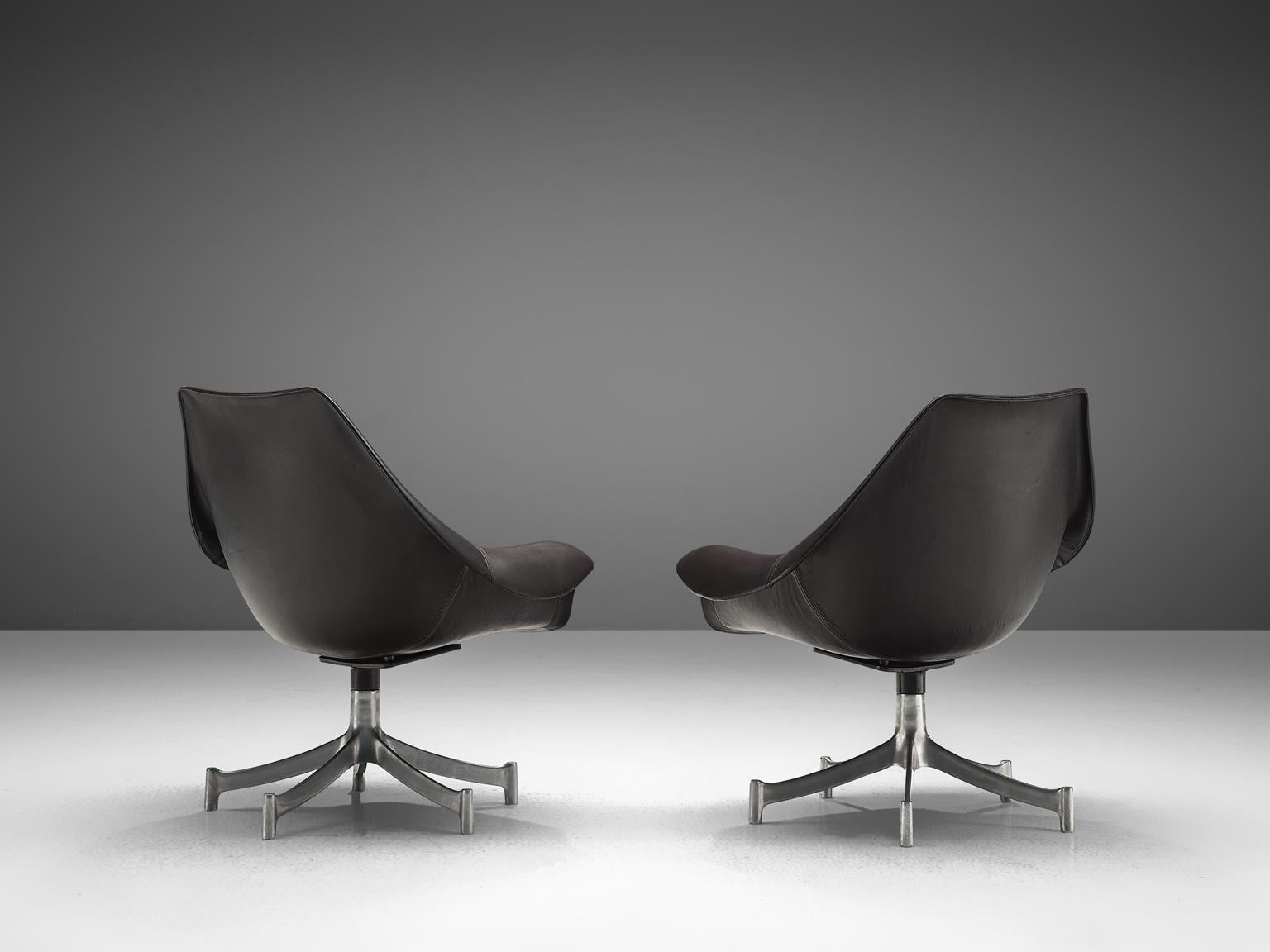 Danish Jorgen Lund & Ole Larsen, Leather Swivel Bucket Chairs