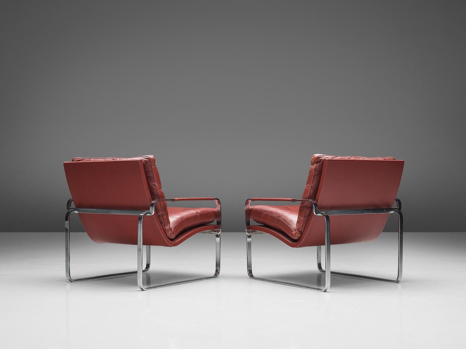 Mid-Century Modern Jorgen Lund Red Leather and Steel Easy Chairs