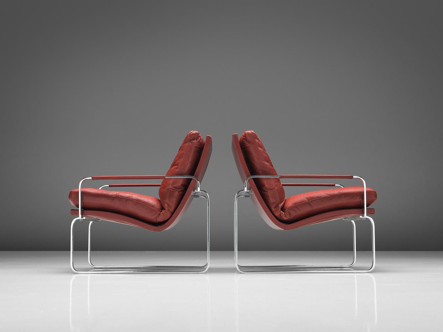 Danish Jorgen Lund Red Leather and Steel Easy Chairs