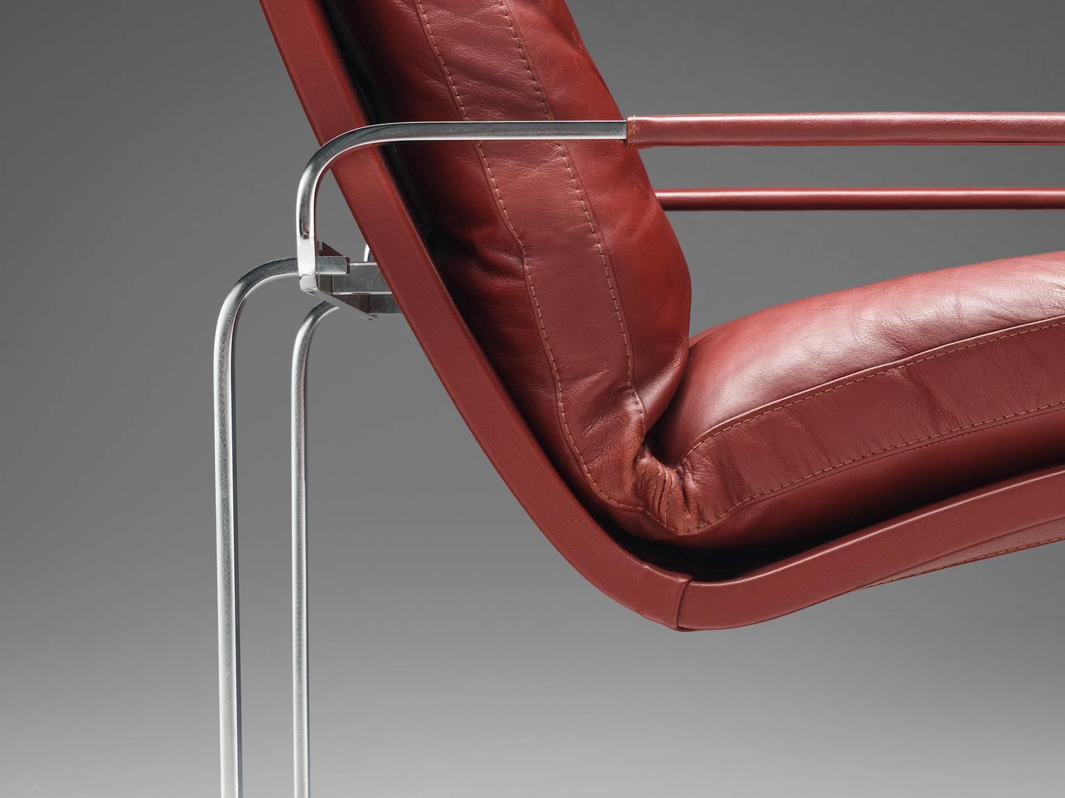 Metal Jorgen Lund Red Leather and Steel Easy Chairs