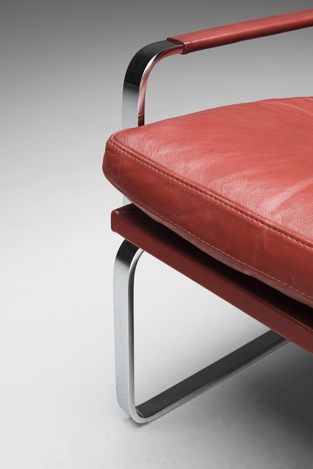Jorgen Lund Red Leather and Steel Easy Chairs 2