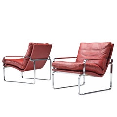 Jorgen Lund Red Leather and Steel Easy Chairs