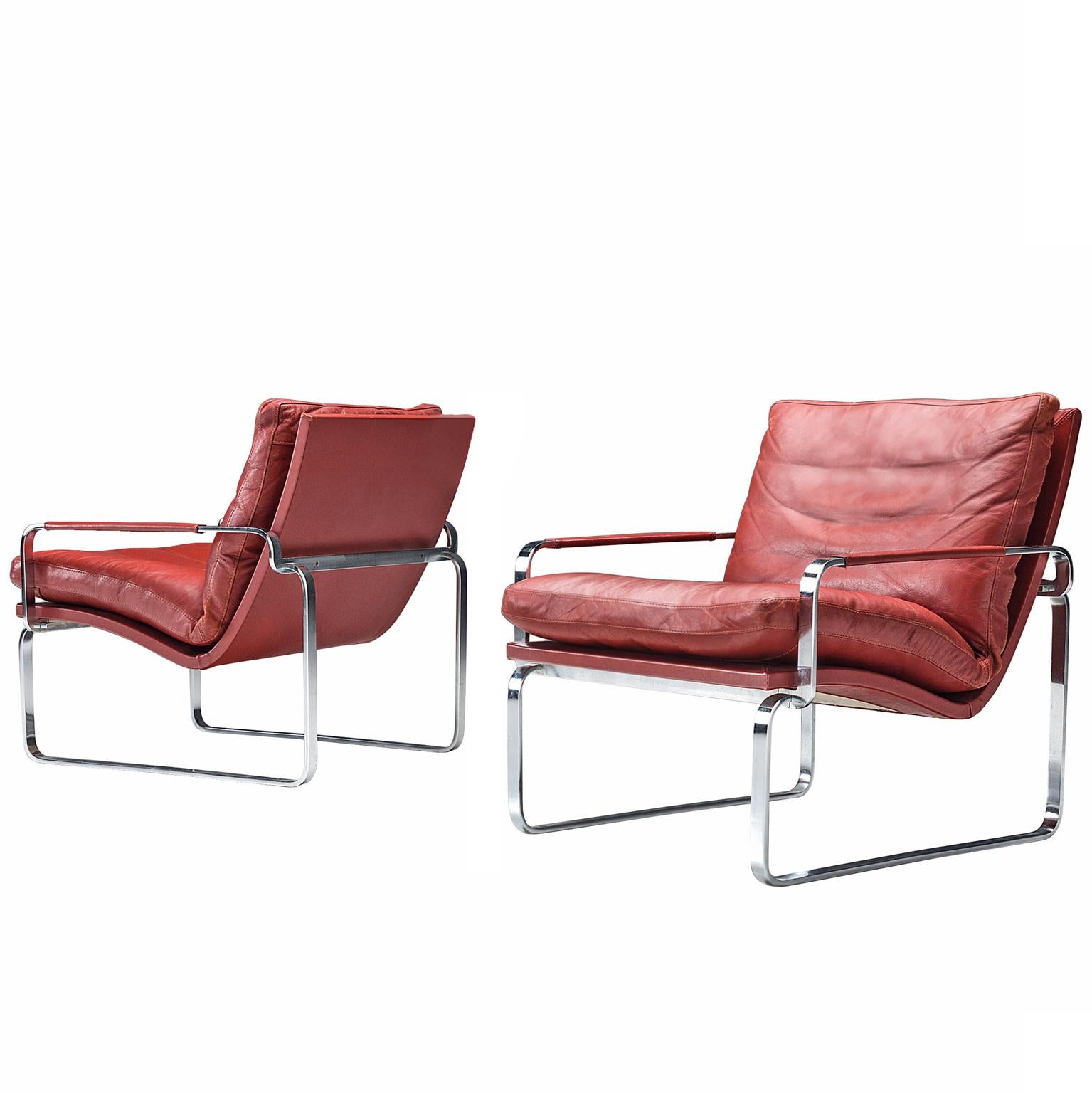 Jorgen Lund Red Leather and Steel Easy Chairs