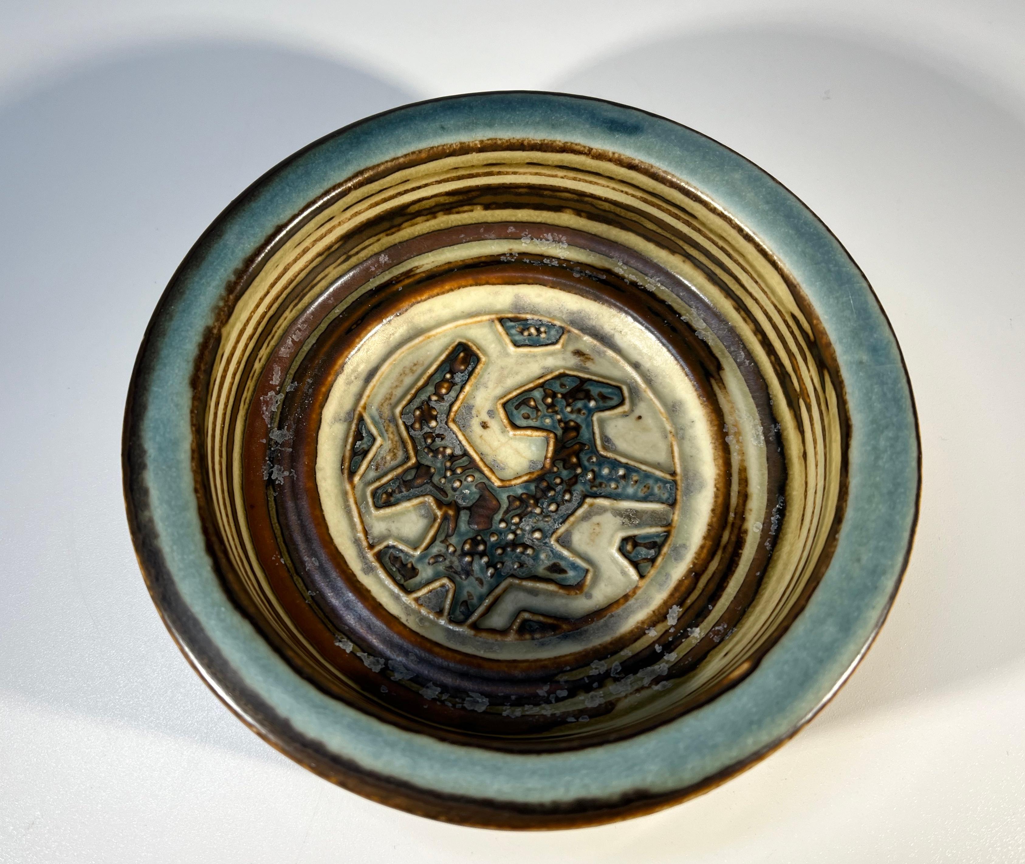 Superb Jorgen Mogensen for Royal Copenhagen dark glazed round stoneware dish with abstract central motif
Glaze is a  palette of teal, sand and dark brown tones
Circa 1960's
Signed and numbered 21942
Height 1.5 inch, Diameter 4.5 inch
Excellent