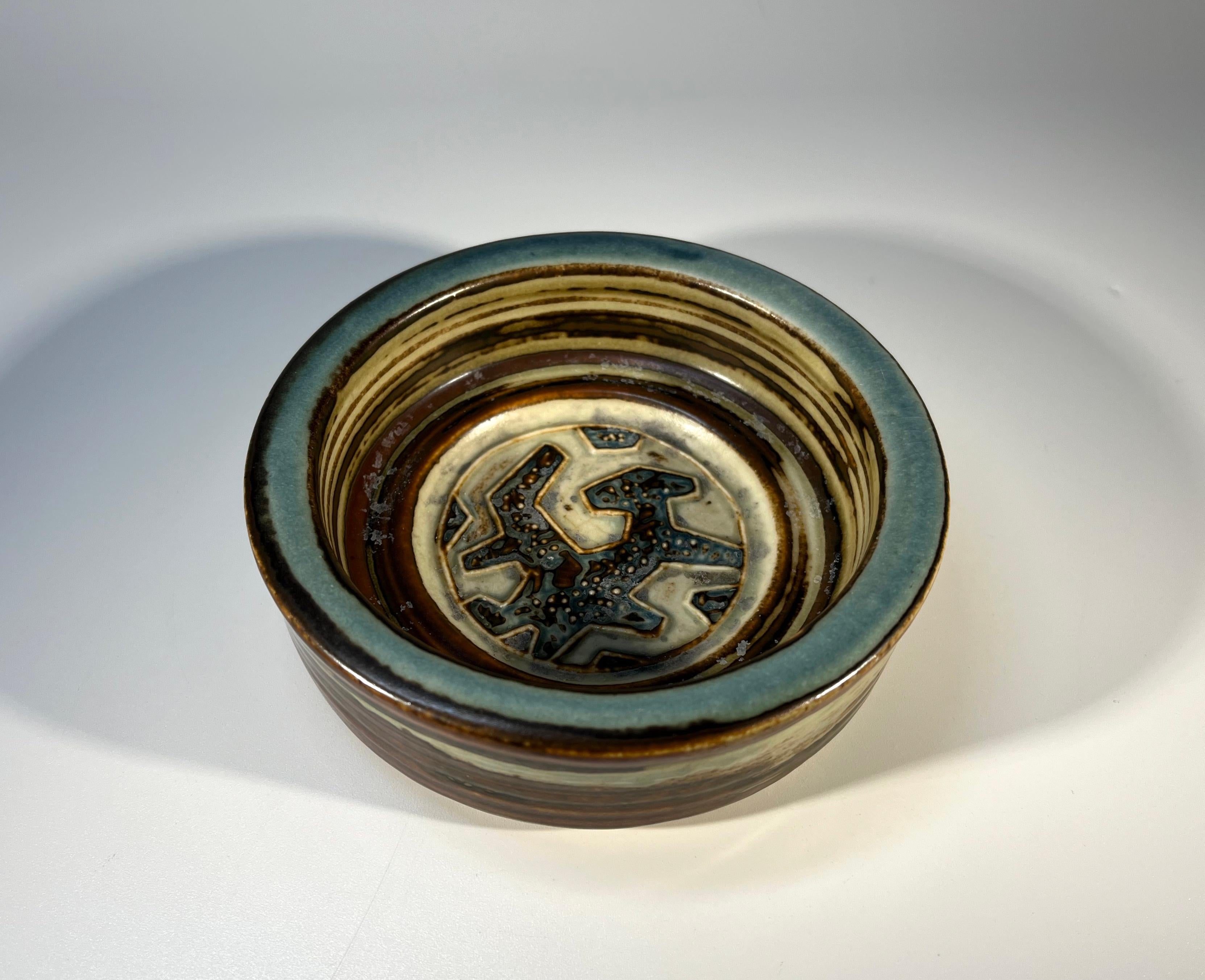 20th Century Jorgen Mogensen For Royal Copenhagen Glazed Abstract Teal Stoneware Dish #21942 For Sale
