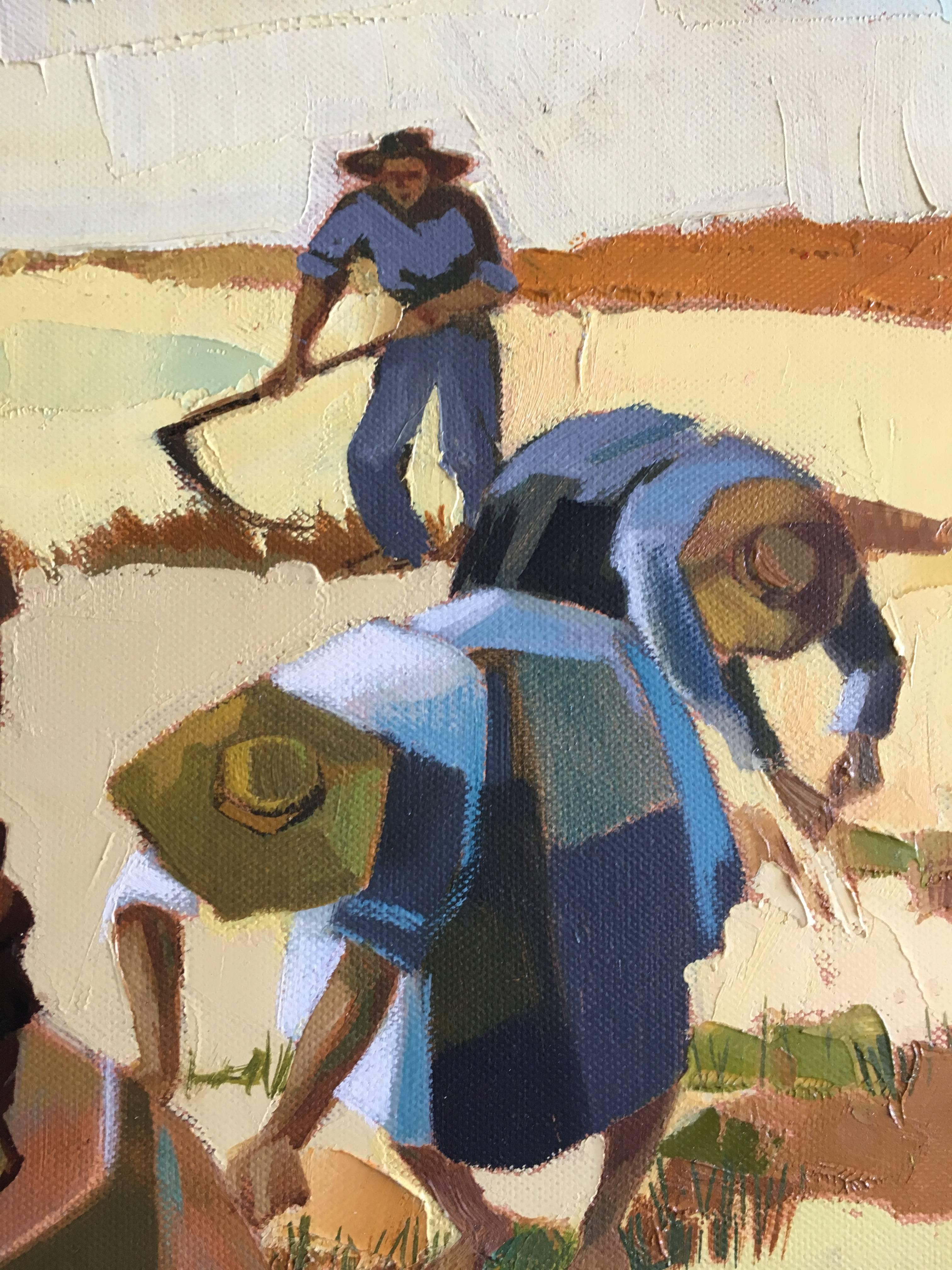 Harvest in the field After Summer, Oil on canvas, Colorful Expressionist Style - Brown Landscape Painting by Jori Duran