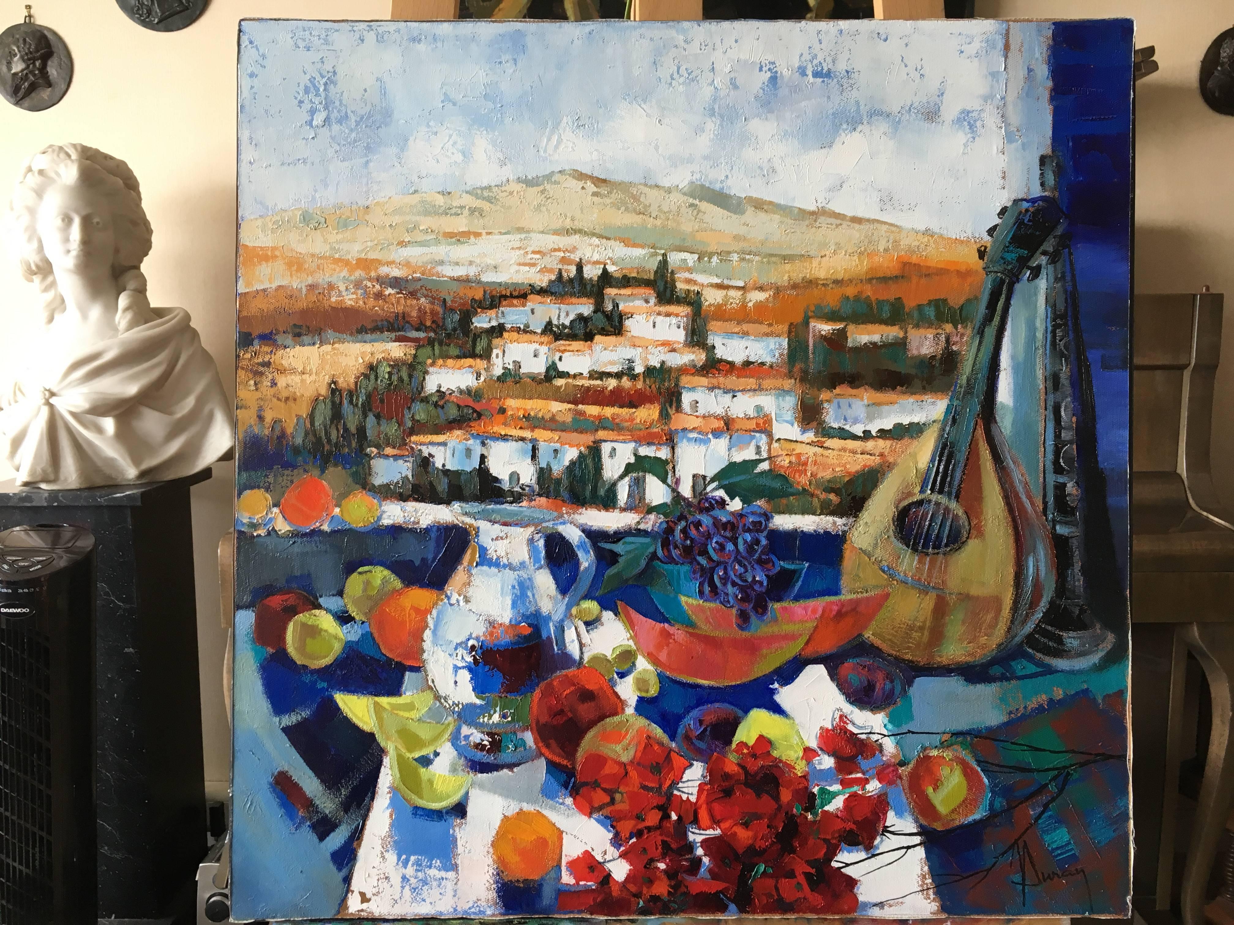 Afternoon snack on the terrace, still life with Spanish landscaape. 3