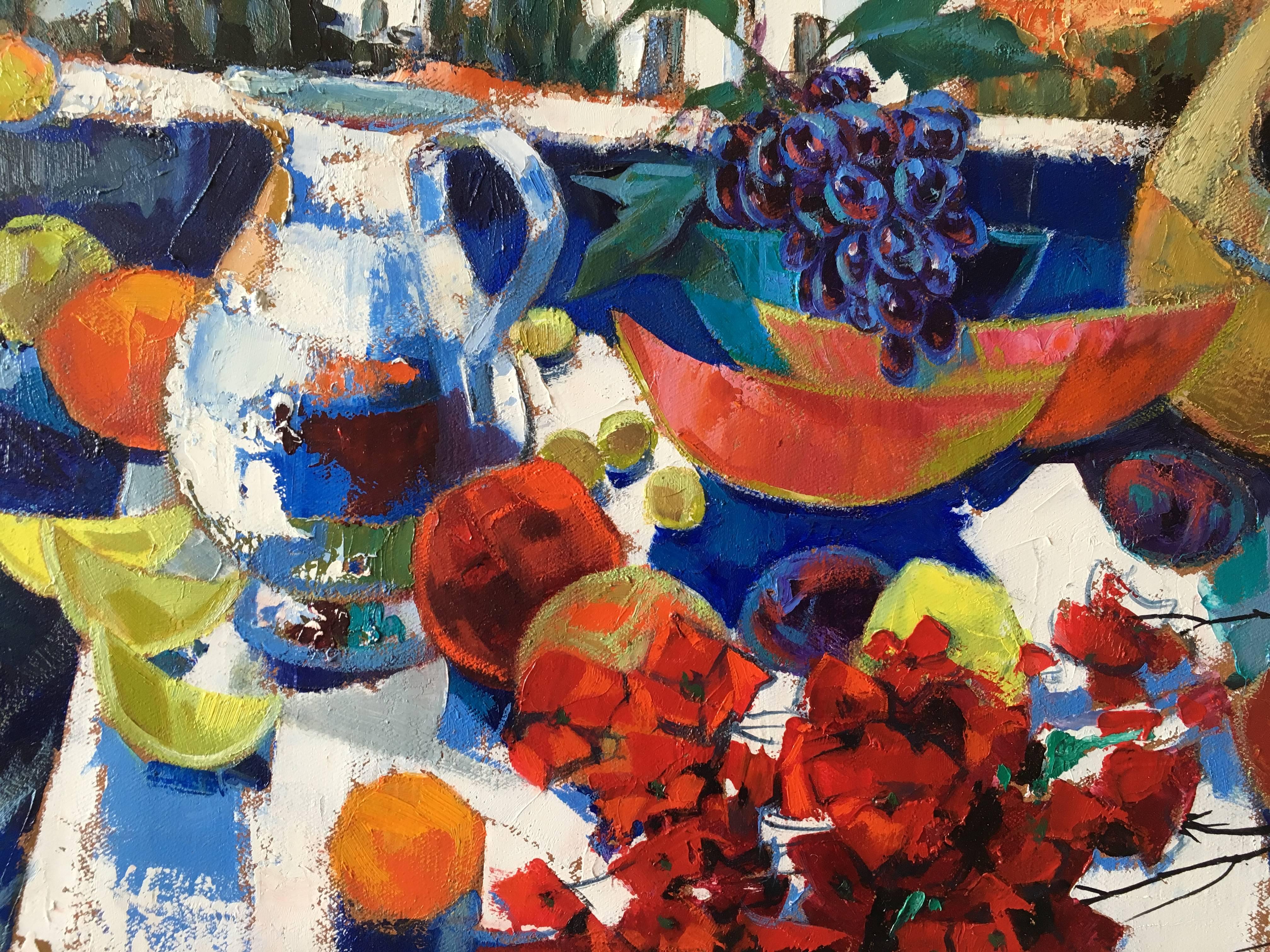 Afternoon snack on the terrace, still life with Spanish landscaape. - Contemporary Painting by Jori Duran