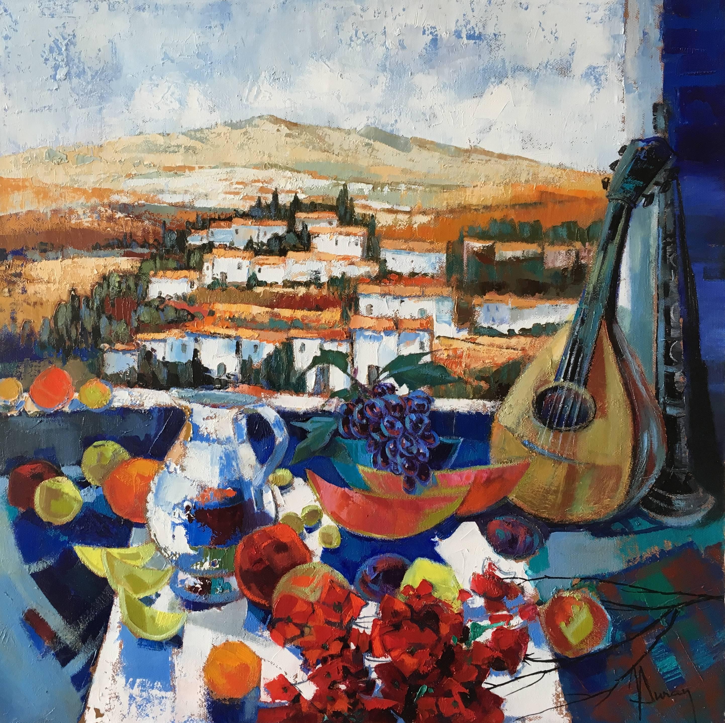 Jori Duran Still-Life Painting - Afternoon snack on the terrace, still life with Spanish landscaape.