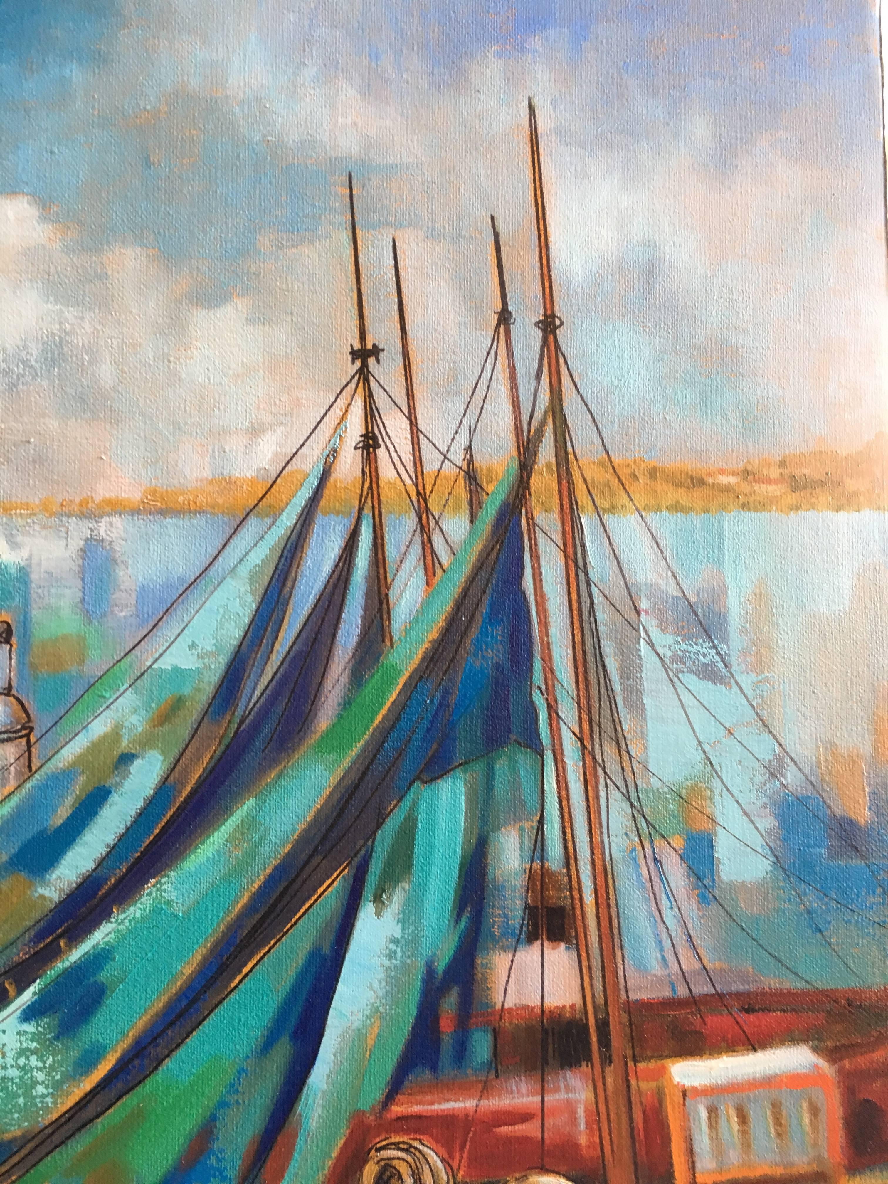 Barques et lamparos - Gray Landscape Painting by Jori Duran