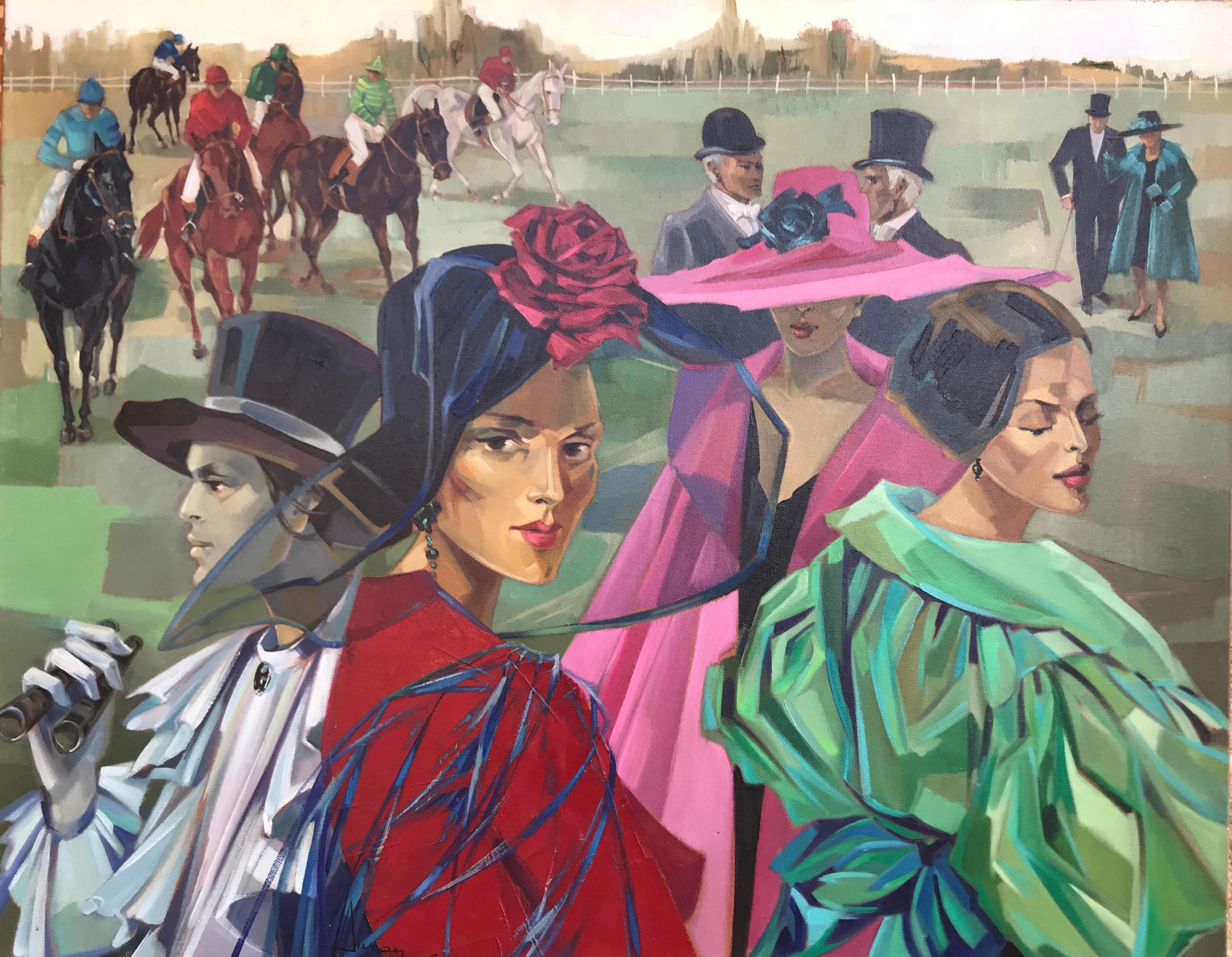 Antes de la carrera de caballos. Jori Duran escena deportiva expresionista de la High Society en venta 2