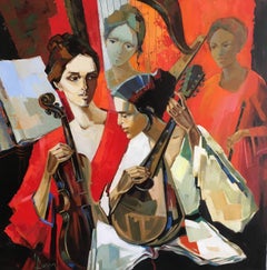 "Entr'acte". Jori Duran Concert women in red. Oil/canvas Expressionist style 