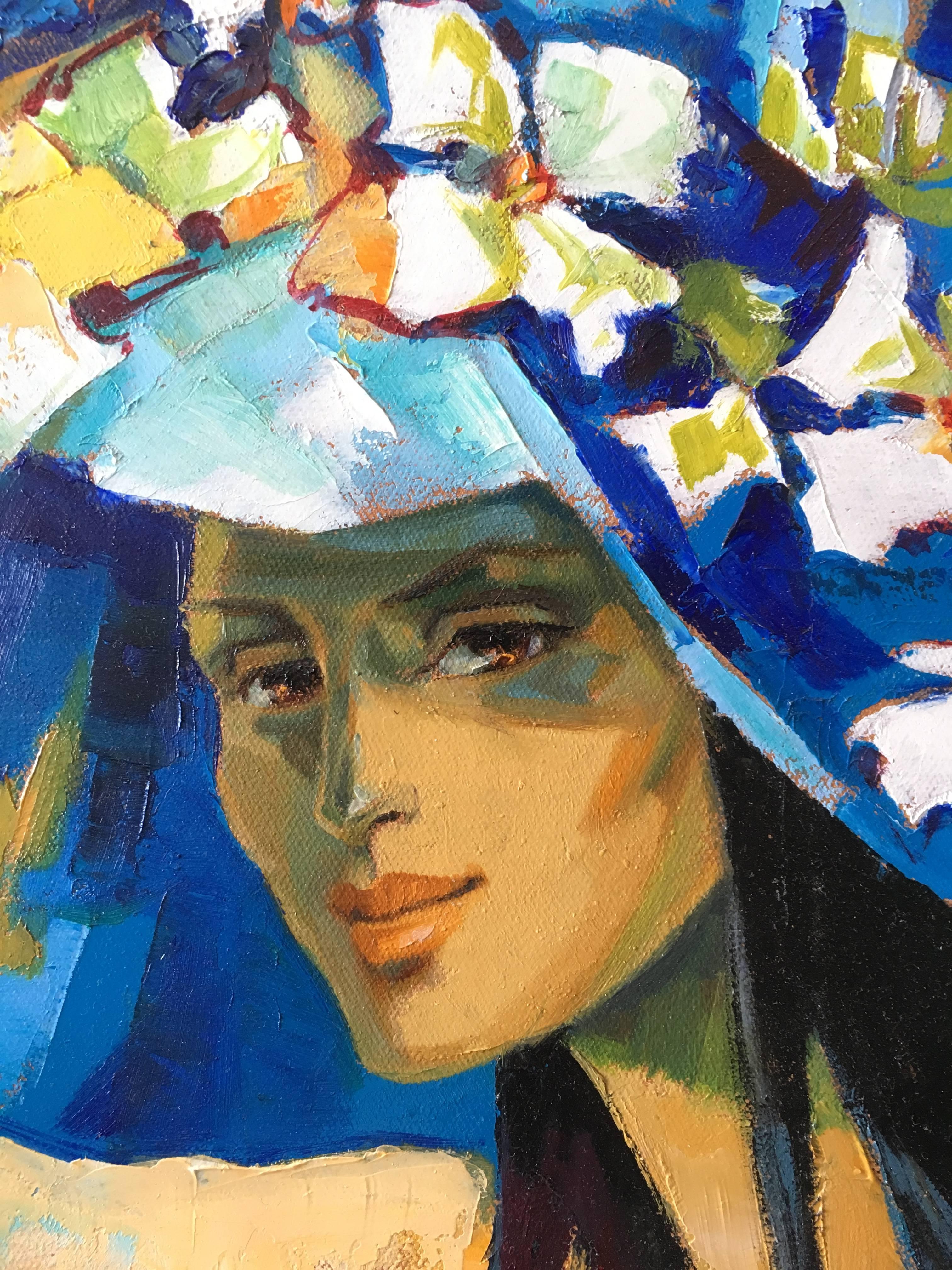 The blue pamela hat, expressionist style  oil painting - Painting by Jori Duran