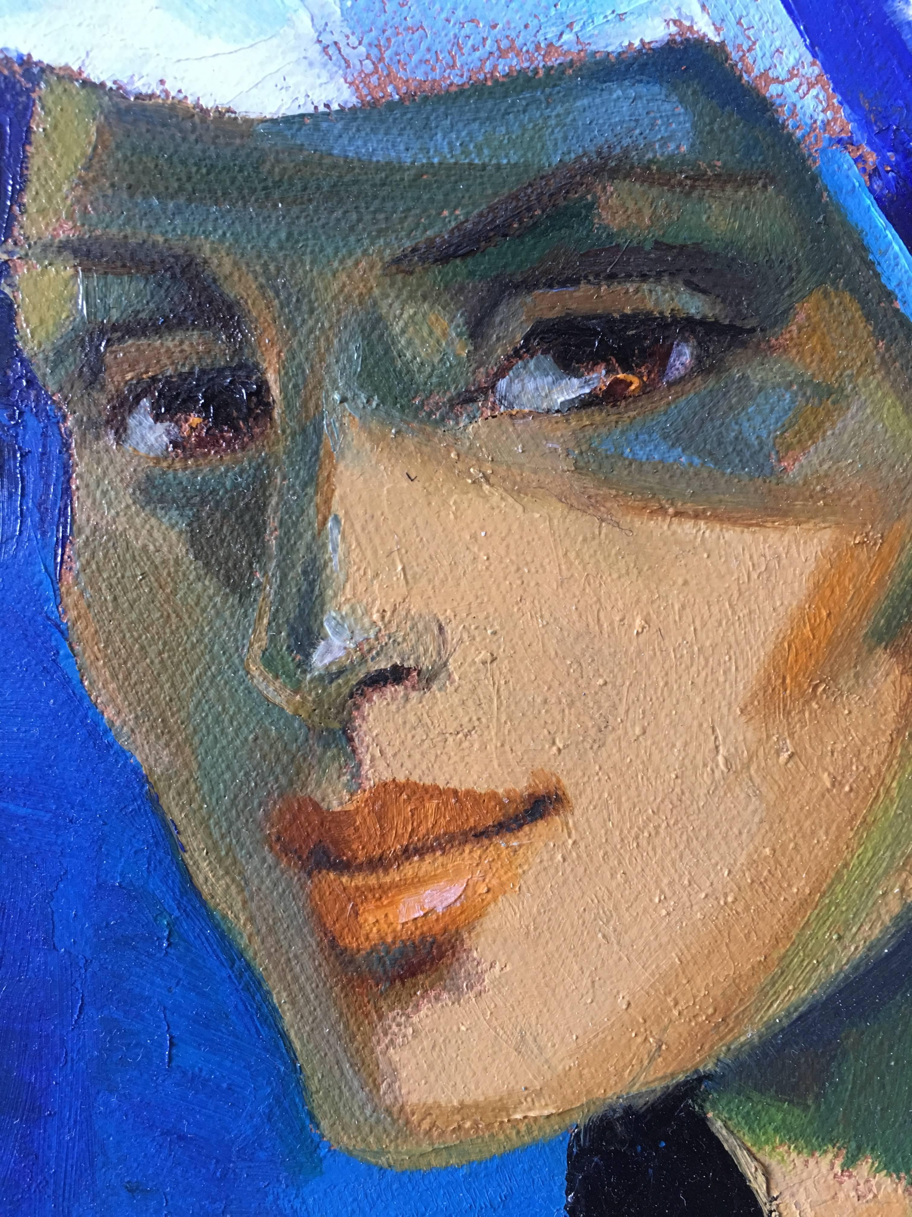The blue pamela hat, expressionist style  oil painting (Blau), Portrait Painting, von Jori Duran