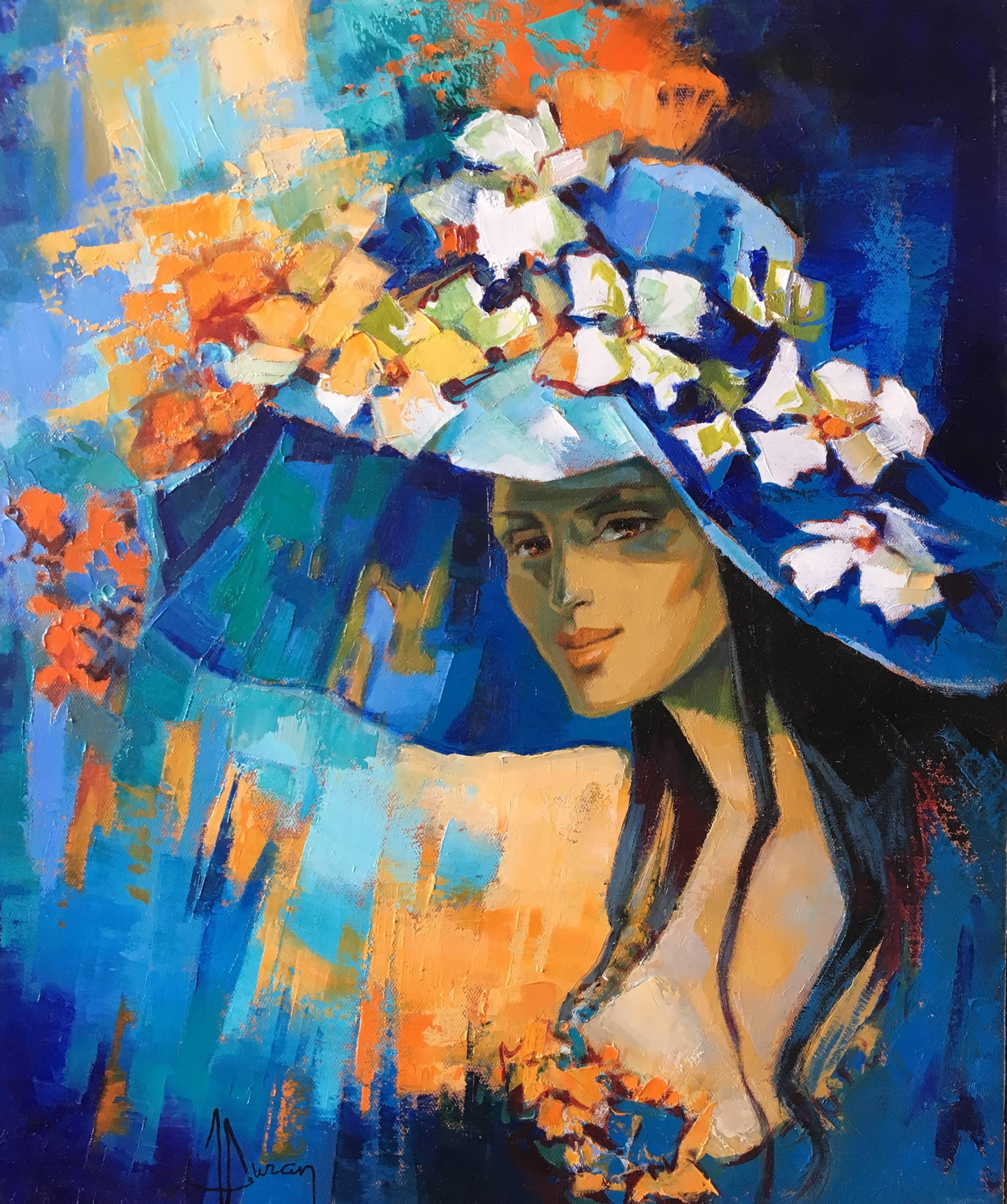 Jori Duran Portrait Painting – The blue pamela hat, expressionist style  oil painting