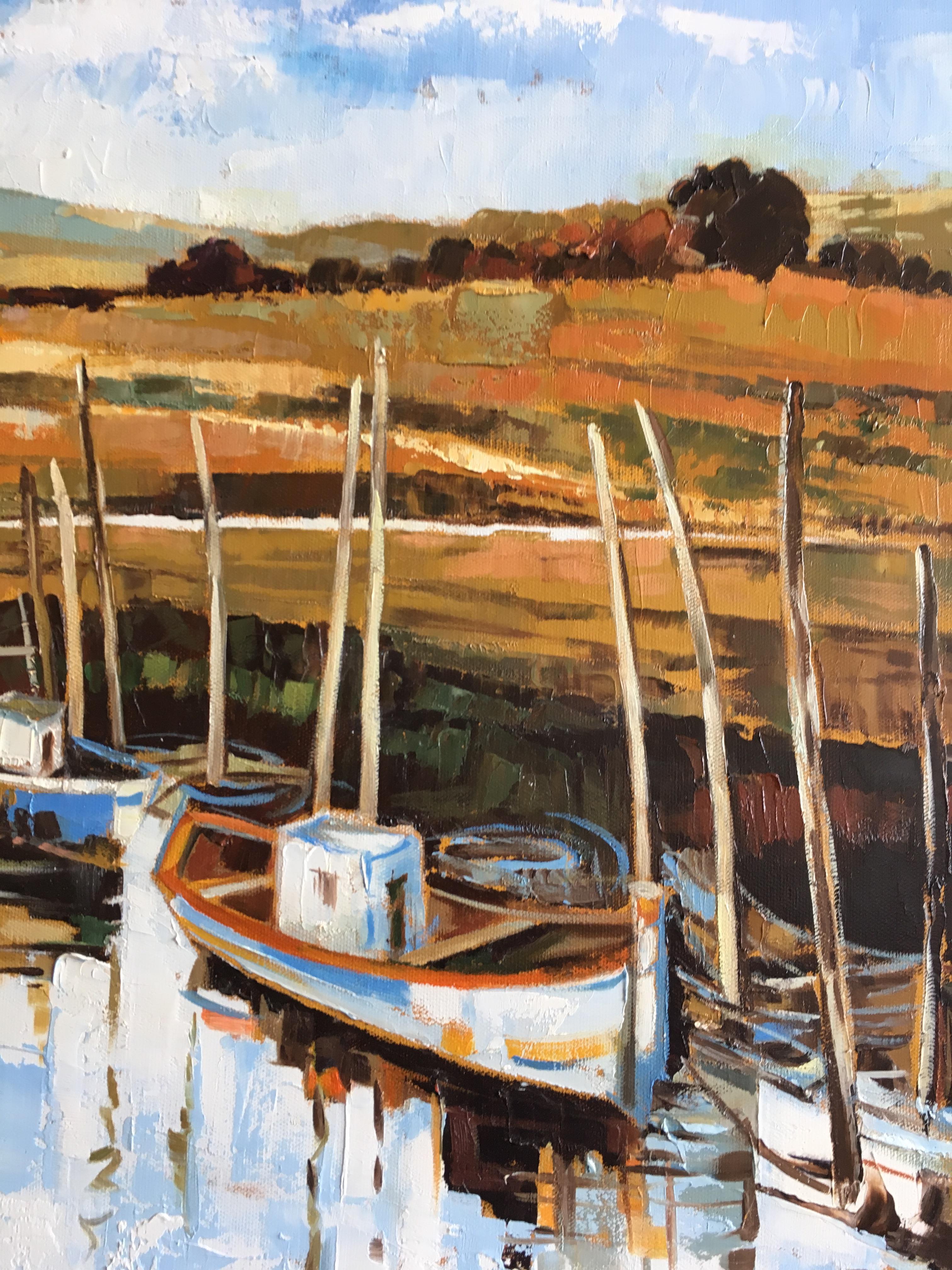 The canal, oil on canvas by French artist Jori Duran
Dimension cm: 60 H x 73 W x 2 D

Jori Duran, is a capital artist.
She has been working as a teacher, book illustrator for the luxury editions “Carrés d'Art” (Paris) and as a restorer of important
