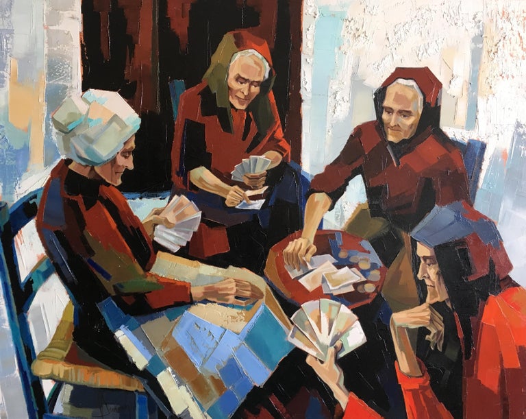 The game of cards Oil on canvas Expressionist Style French artist Jori Duran - Painting by Jori Duran
