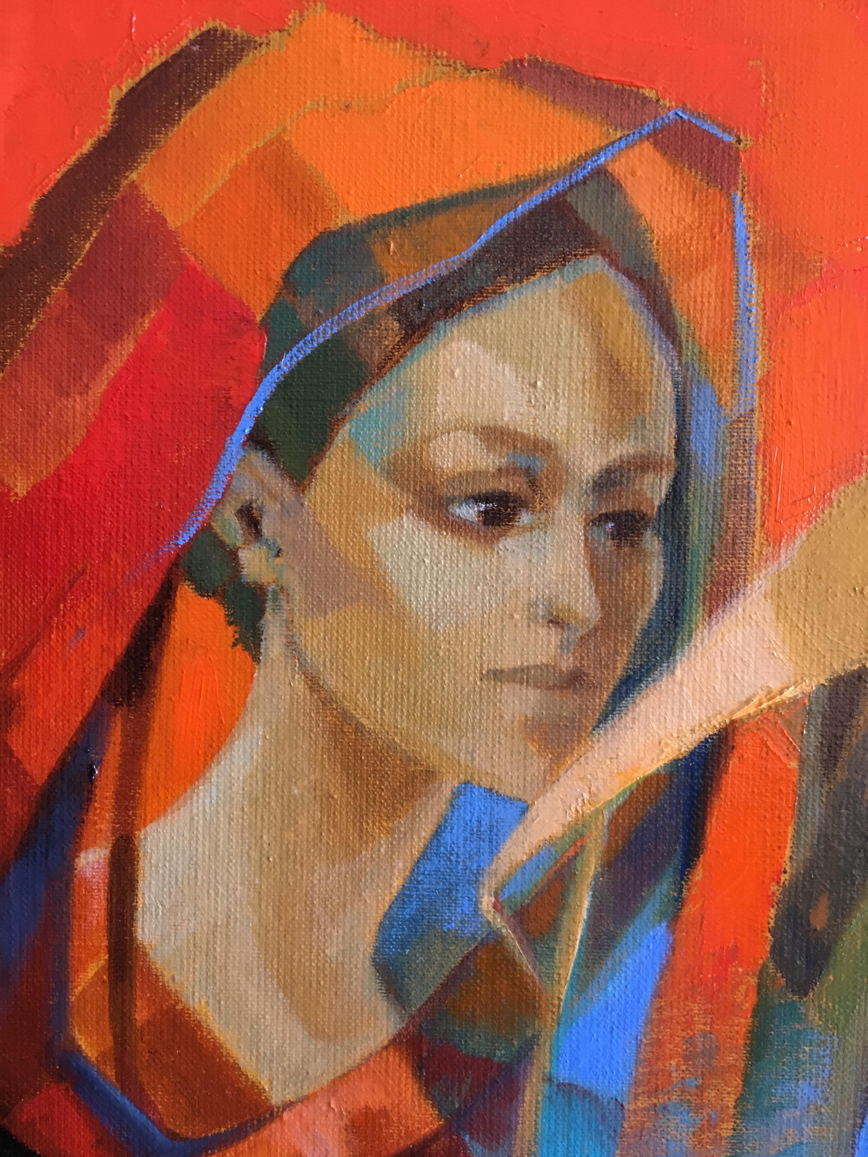 The procession, Oil on canvas Expressionist Style Red Orange and Blue colors - Painting by Jori Duran