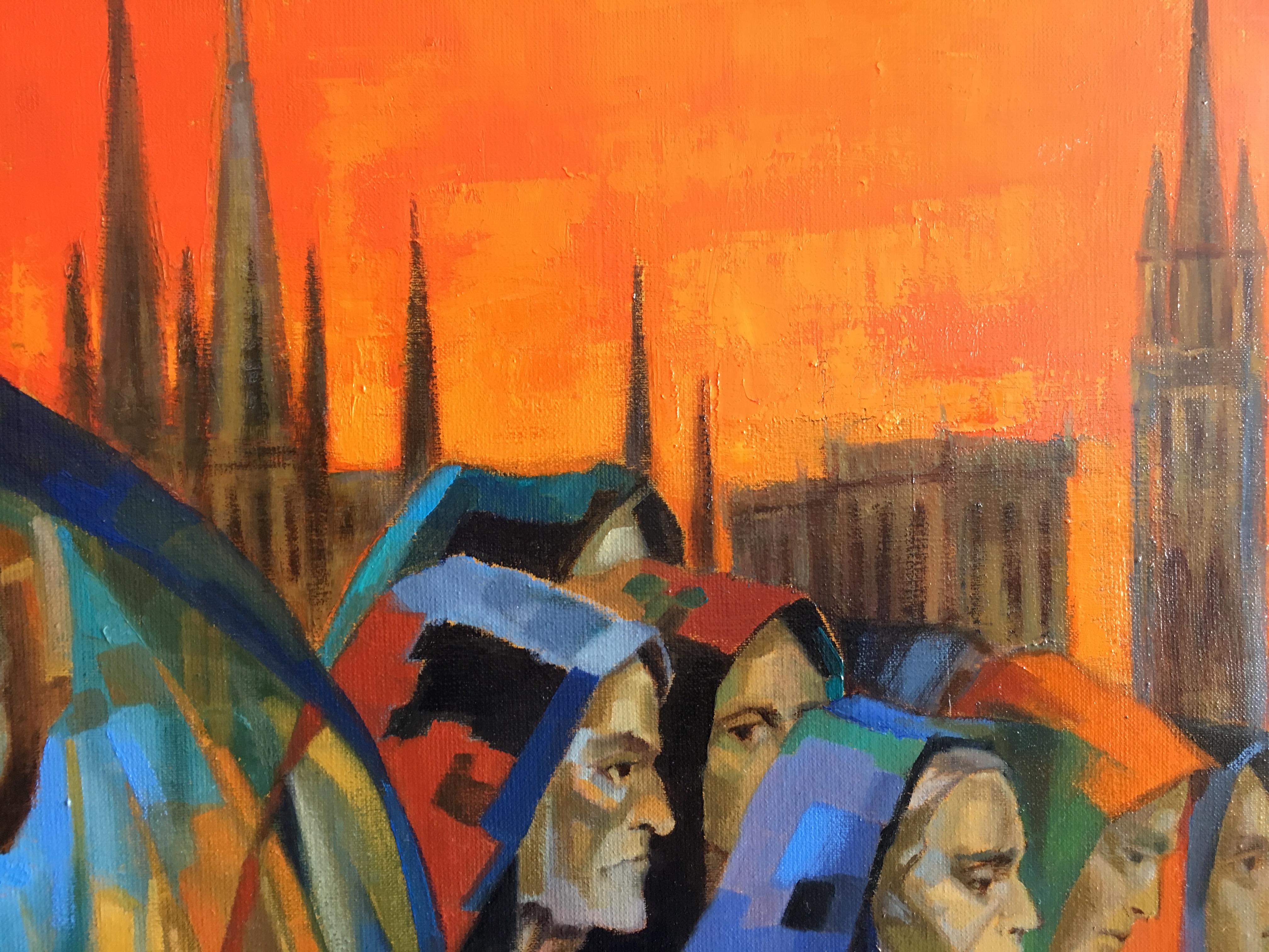 The procession, Oil on canvas Expressionist Style Red Orange and Blue colors - Brown Portrait Painting by Jori Duran
