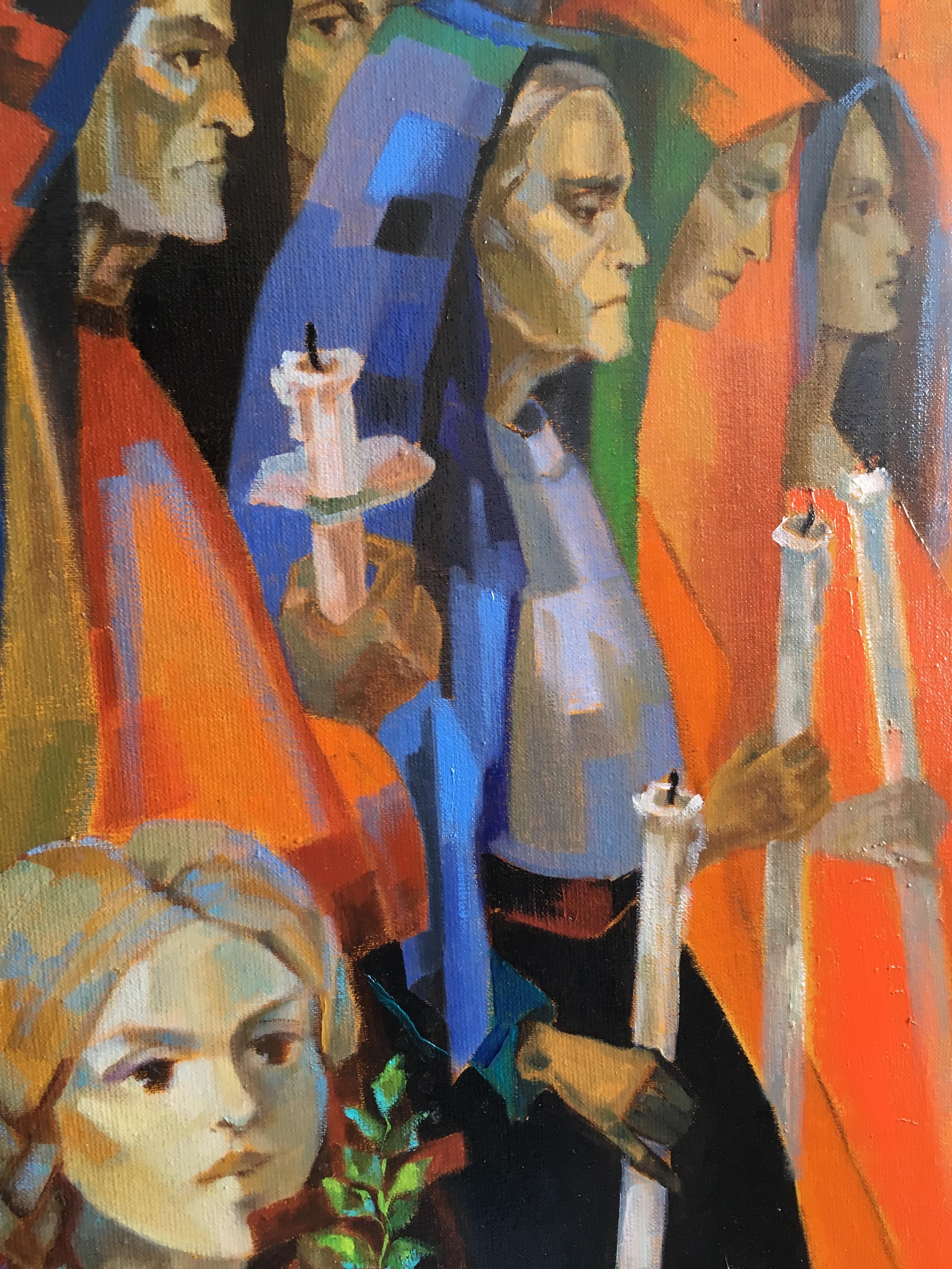The procession, Oil on canvas Expressionist Style Red Orange and Blue colors 3