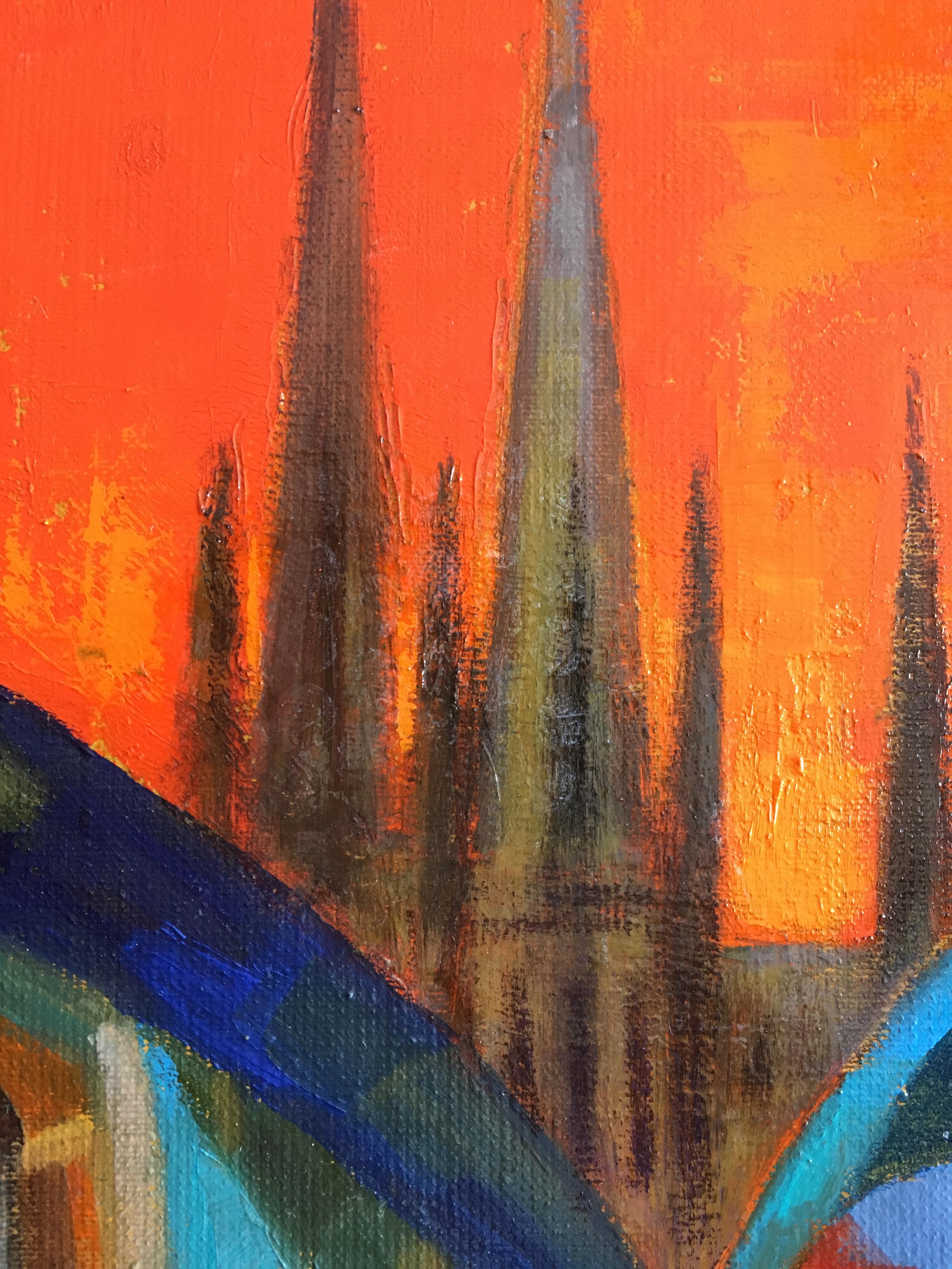 The procession, Oil on canvas Expressionist Style Red Orange and Blue colors 4